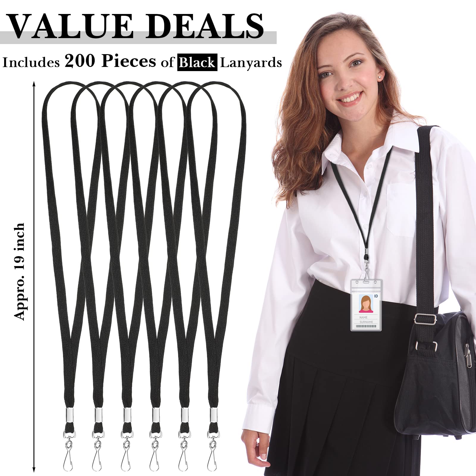 Epakh 200 Pcs Lanyards for ID Name Badge Holder Neck Lanyard Flat with Clips Neck Straps for Office School Nurse(Black,Cotton)