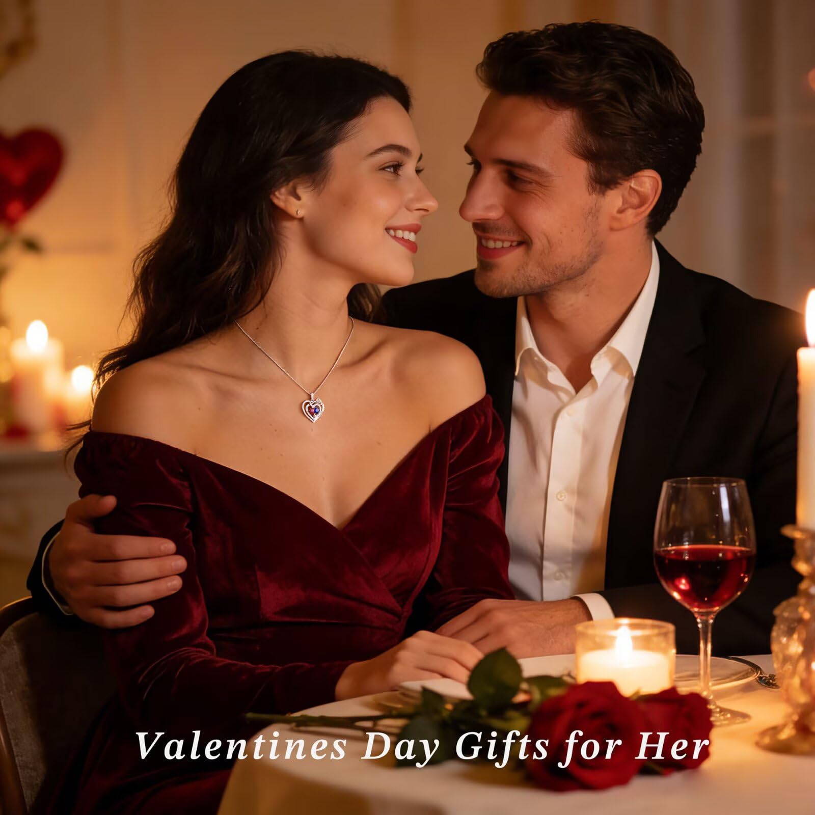 Iefil Birthstone Necklace for Women - April Birthstone Necklace, Diamond Necklace for Women, White Topaz Necklaces, Sterling Silver Necklace, Rose Heart Necklaces for Women, Jewelry for Women
