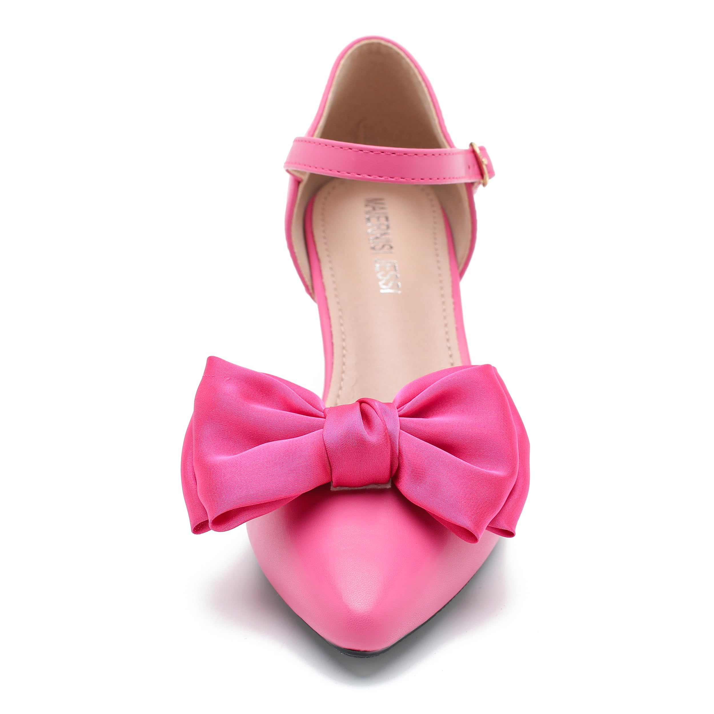 MAIERNISI JESSI Women's Kitten Heel Pumps with Bow, Ankle Strap, Pointed Toe, D'Orsay Style Hot Pink 36 - US 6