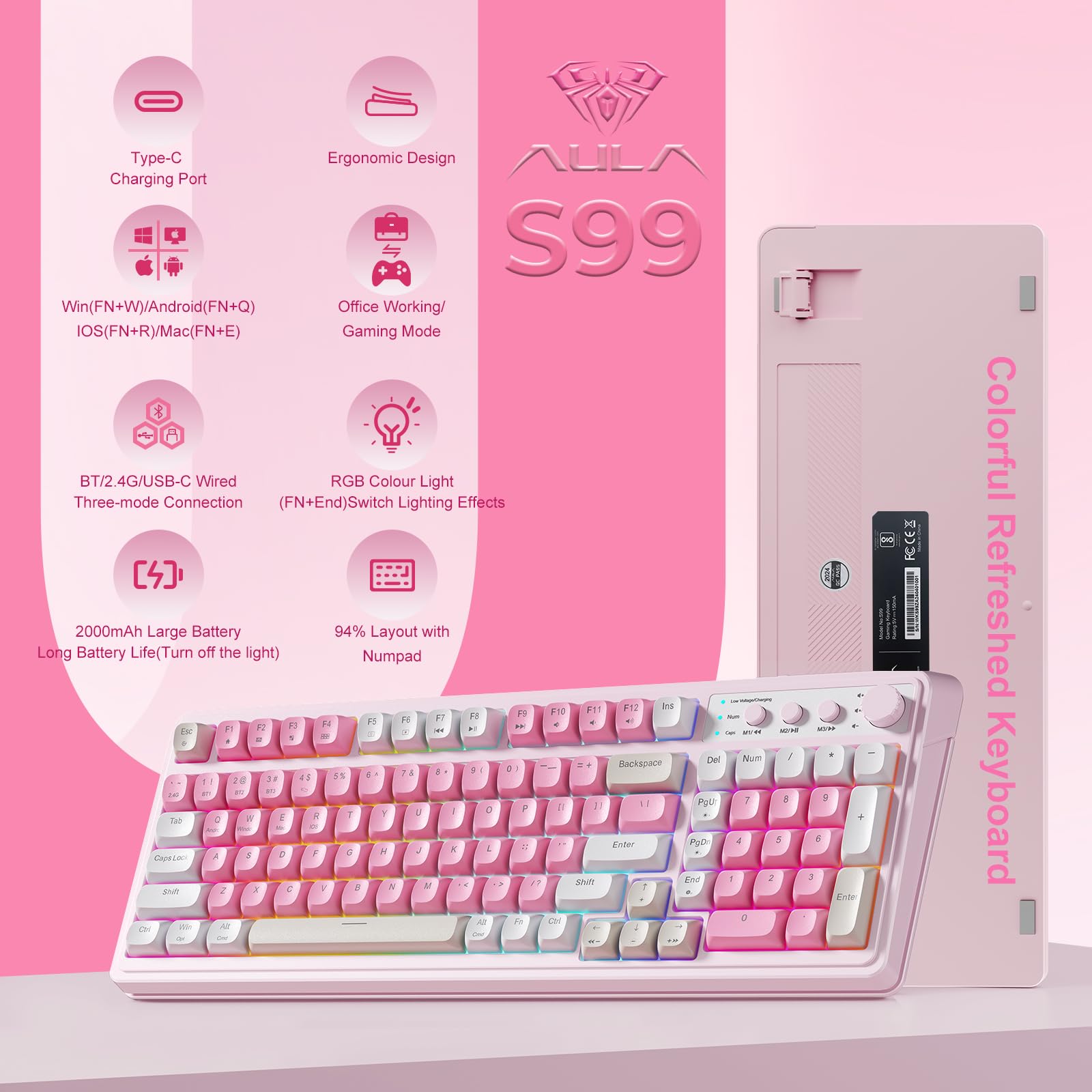 AULA 99 Key Keyboard, Wireless Gaming Keyboard Bluetooth Computer Keyboards Creamy Cute with Number Pad RGB Backlit Tri-Mode BT/2.4GHz/USB-C - Pink