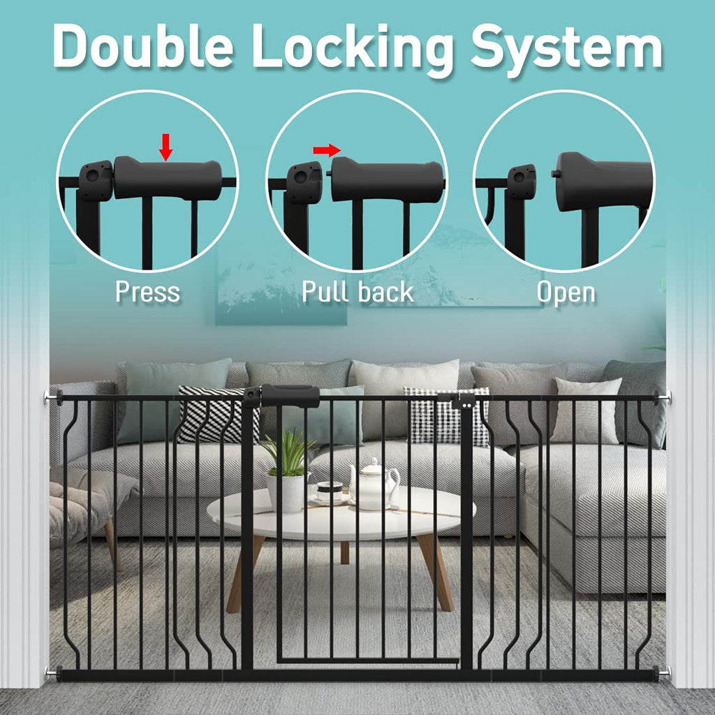 WAOWAO Baby Gate 57.48-62.20" Extra Wide Pressure Mounted Walk Through Swing Auto Close Safety Black Metal Toddler Kids Child Dog Pet Puppy for Stairs,Doorways,Kitchen