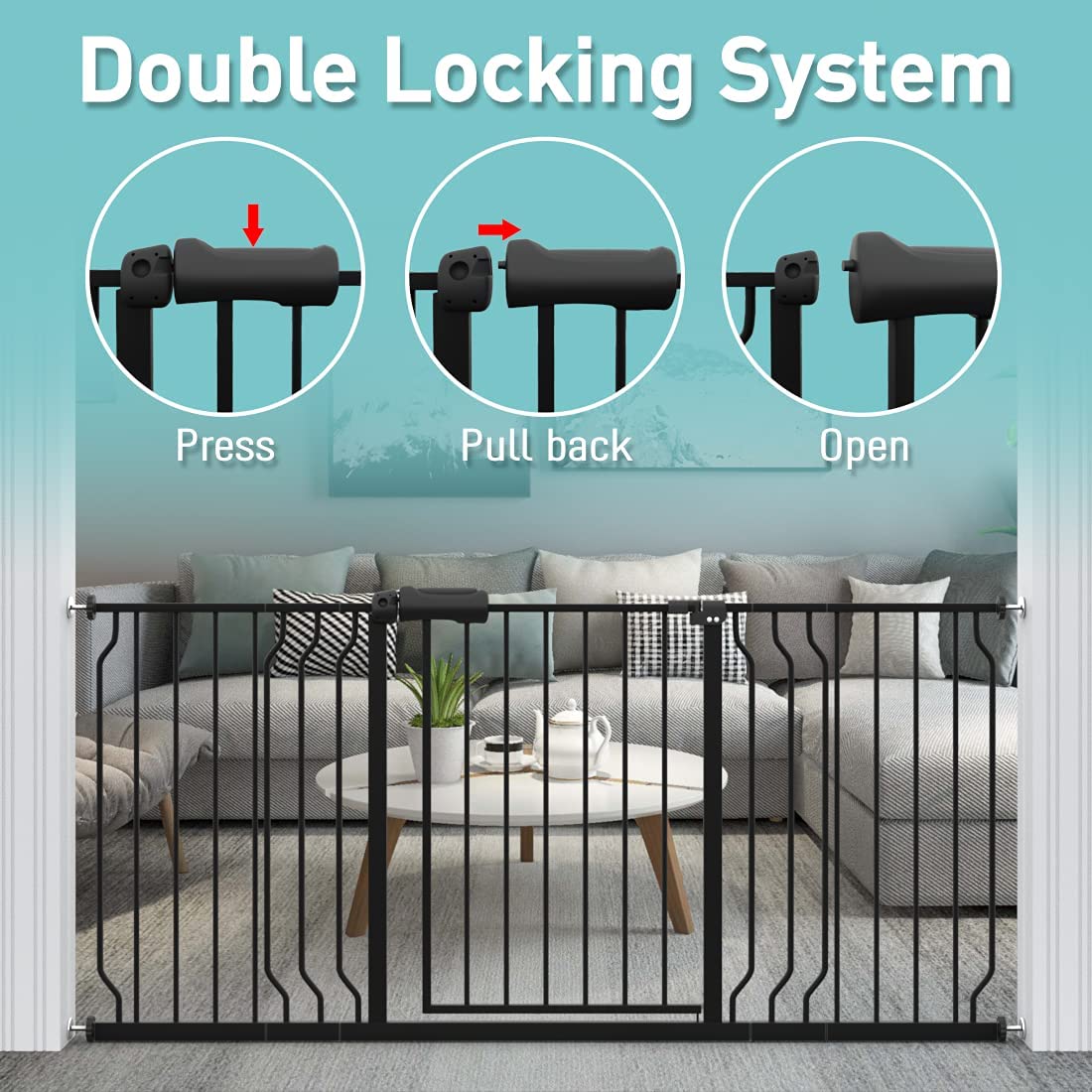 WAOWAO Baby Gate 57.48-62.20" Extra Wide Pressure Mounted Walk Through Swing Auto Close Safety Black Metal Toddler Kids Child Dog Pet Puppy for Stairs,Doorways,Kitchen