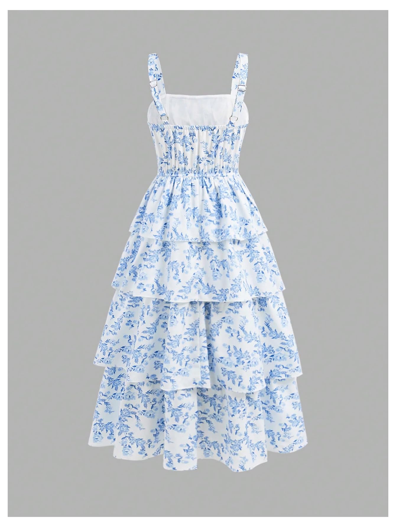 Verdusa Girl's Floral Layered Long Dress Tiered Sleeveless Tank Dress Spring Outfits Blue 9 Years