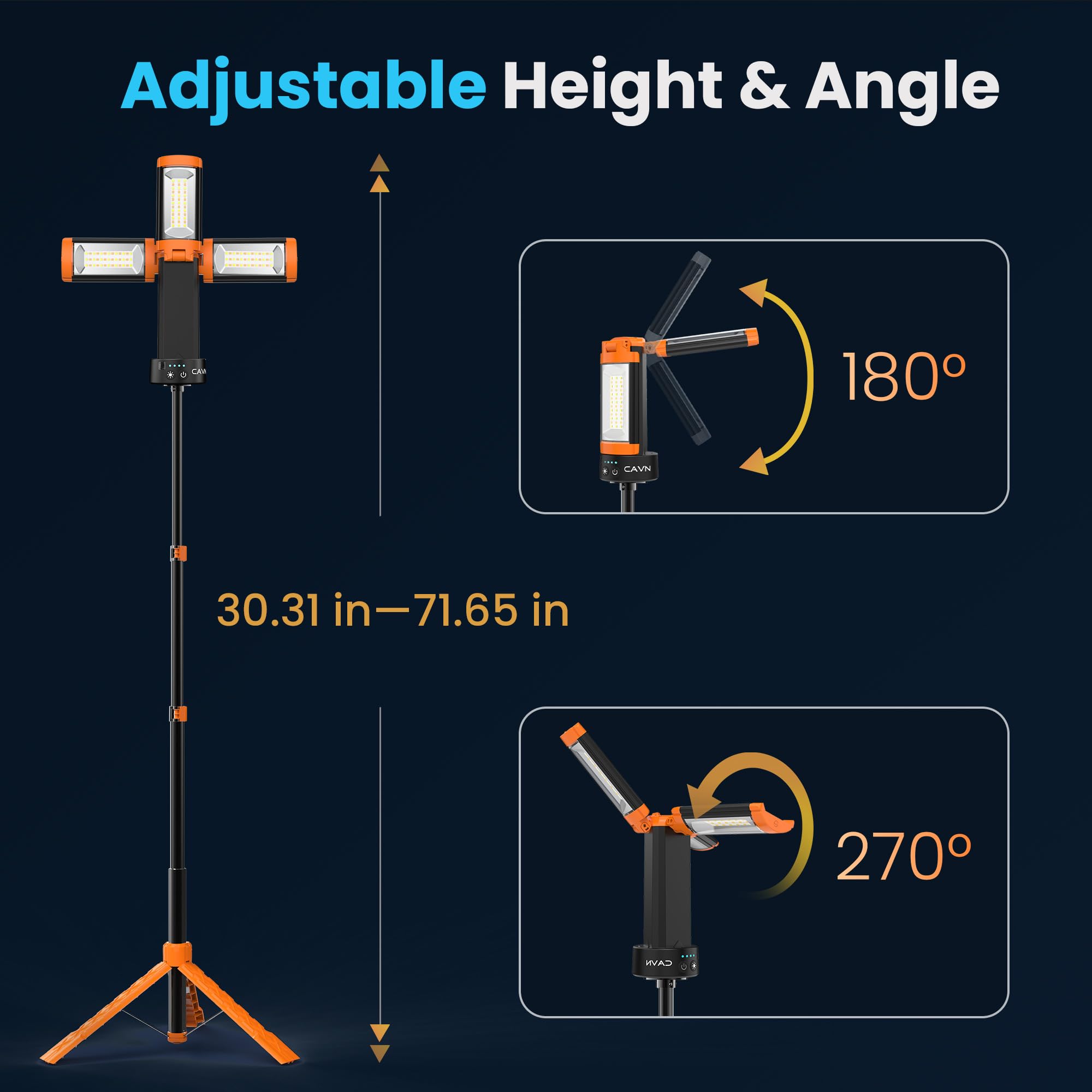 CAVN Rechargeable Camping Lights with Remote & Detachable Tripod Max Height 6.0 ft, Portable Work Light with 3 LED Lamp Heads, Camping Essentials Gear Emergency Flashlight with Hook, Orange