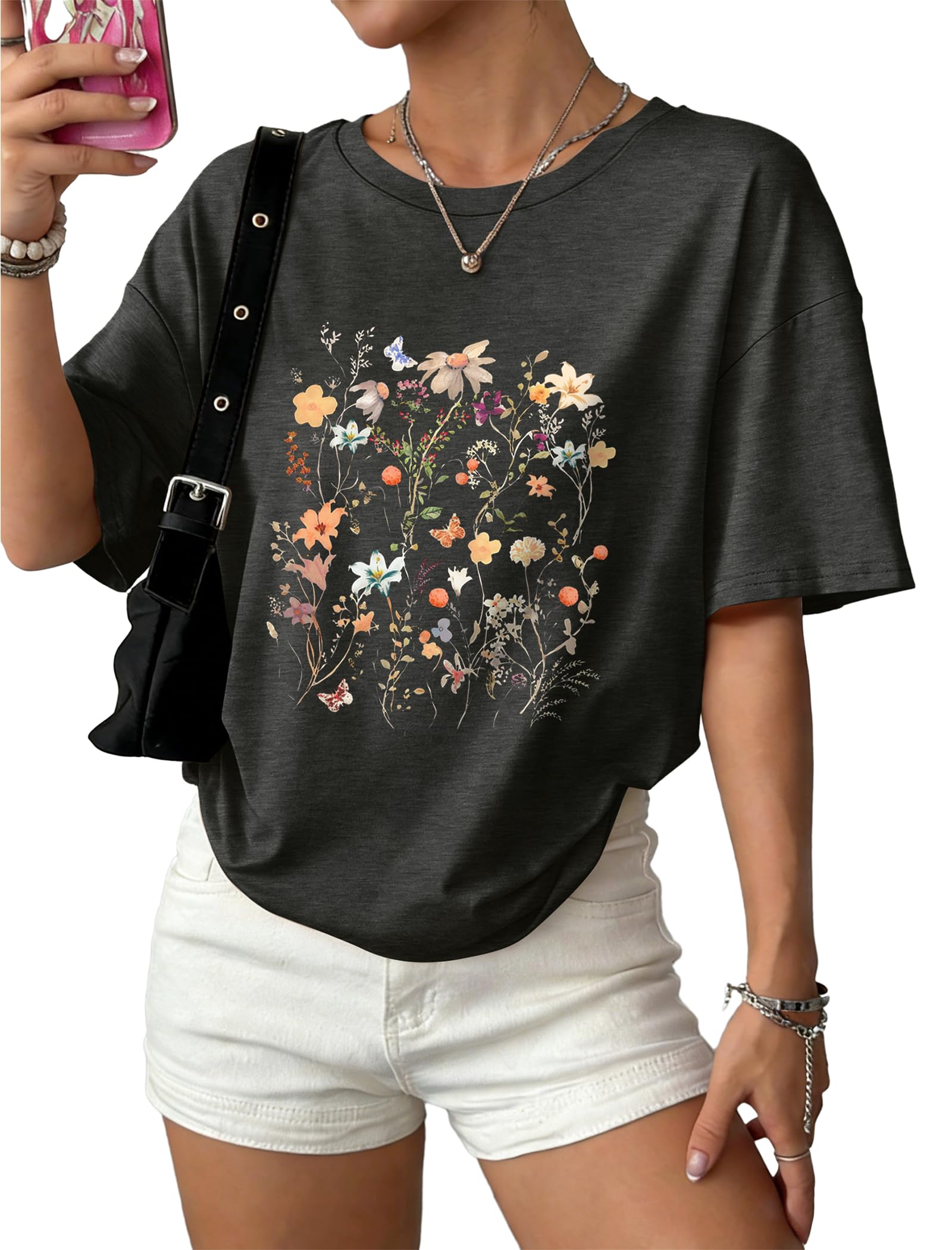 WIHOLL Oversized Tshirts for Women Graphic Tees Resort Wear Capsule Wardrobe 2026 Summer Spring Workout Short Sleeve Tops Travel Vacation Nashville Cruise Outfits Comfy Flower Print Shirts L