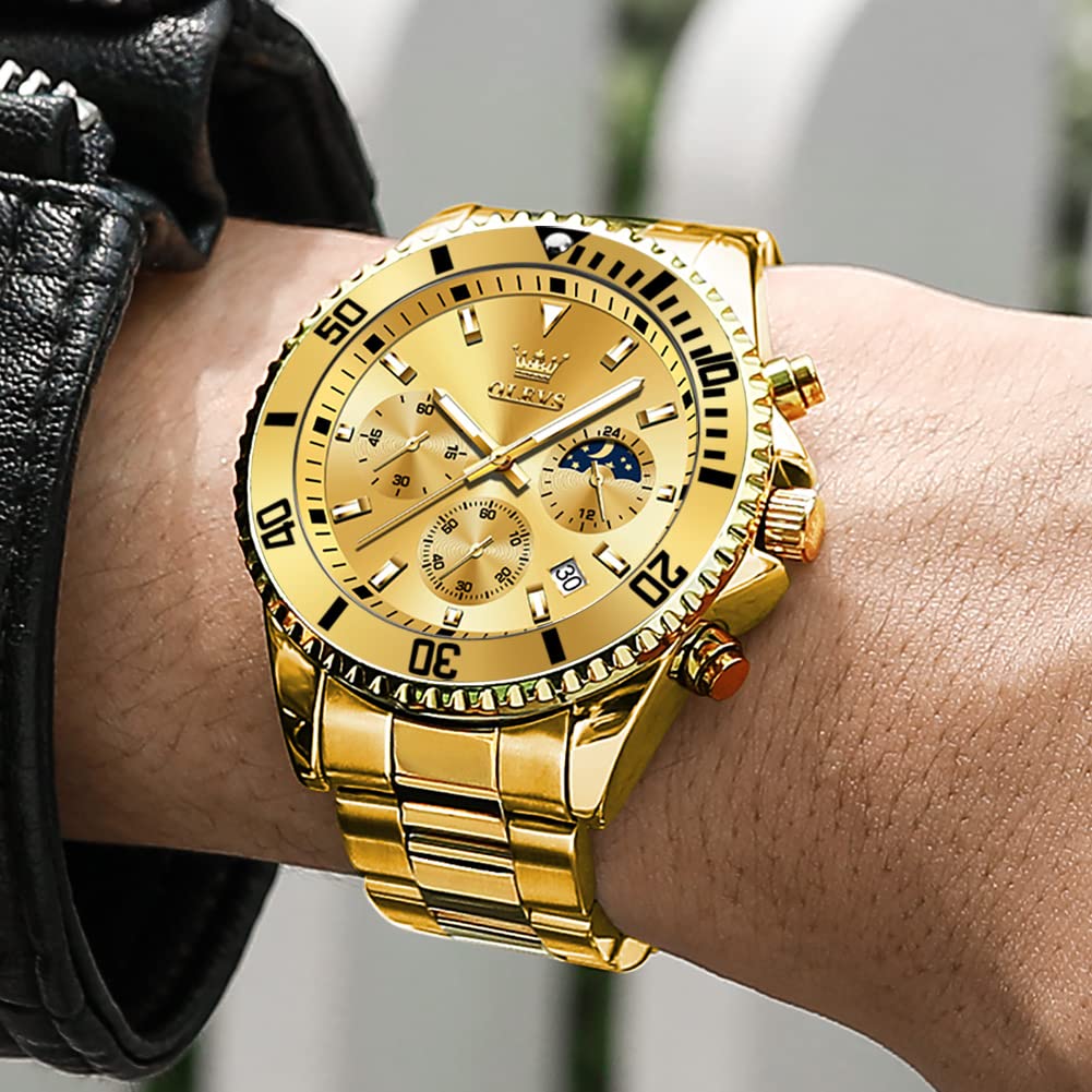 OLEVS Watch Men Gold Watches for Men Big Face Luxury Dress Chronograph Waterproof Stainless Steel Men's Wrist Watches Gold and Silver Analog Quartz Date Men's Watch Relojes para Hombres