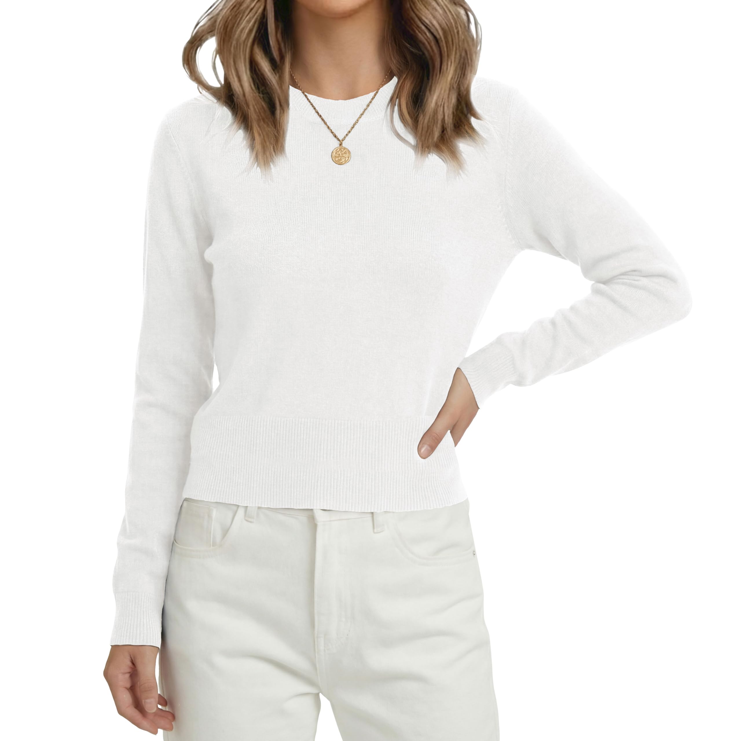 LaGracia Long Sleeve Sweaters for Women Wool Blend Crew Neck Pullover Knit Crop Tops Spring Trendy Outfits 2026 White S