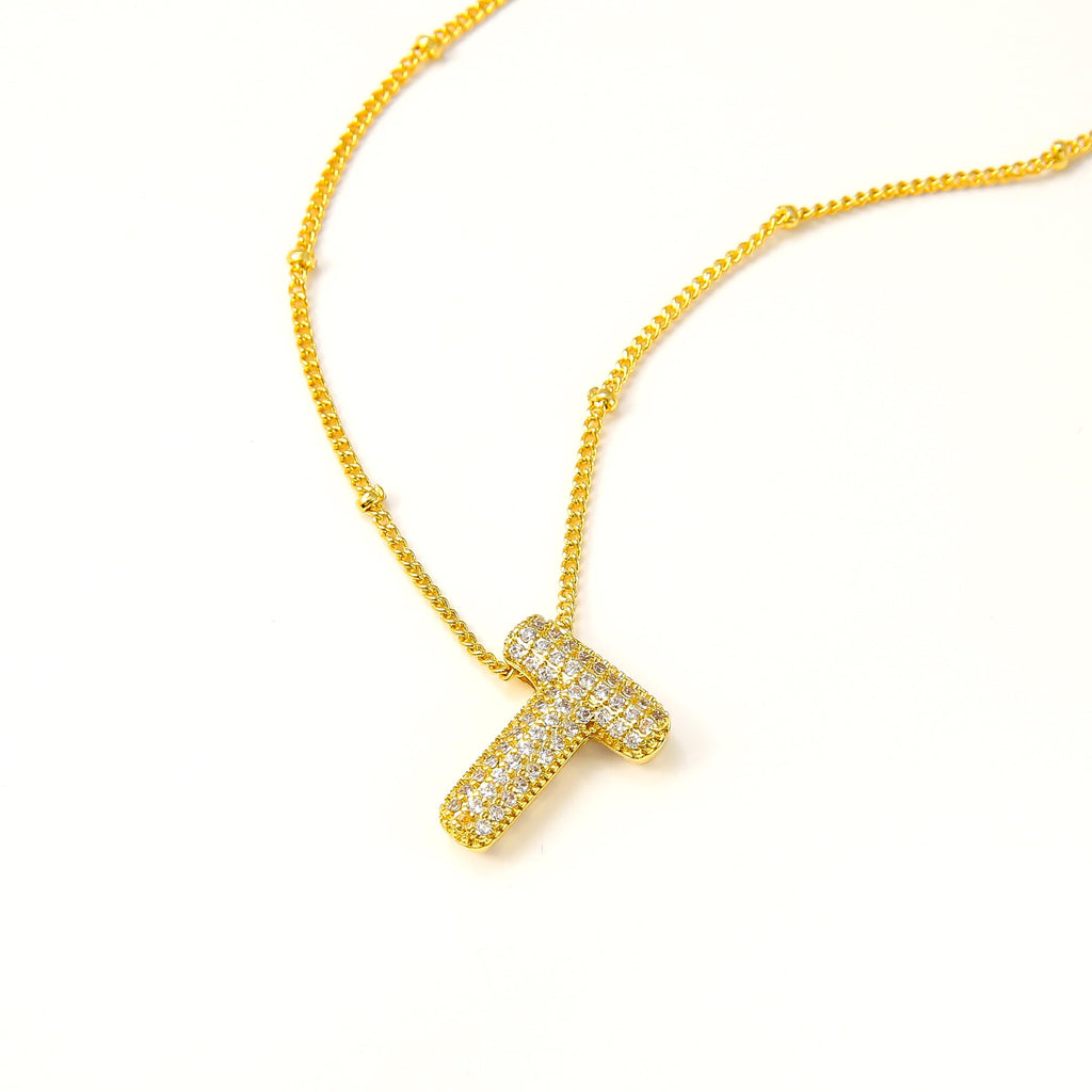 Tasunom Double Layer Initial Necklace, 14K Gold Plated, CZ Crystal Letter Pendant, A-Z Available (T, gold)