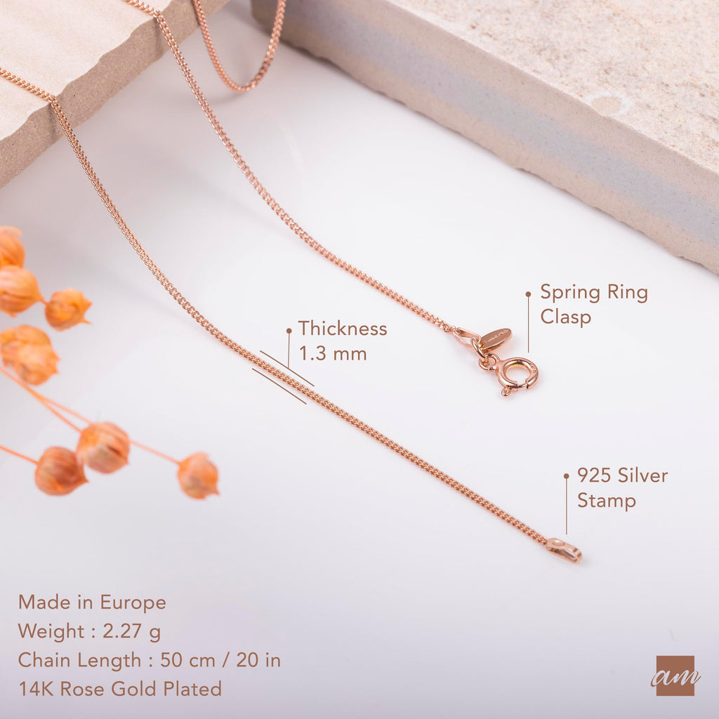 Amberta 14K Rose Gold Plated on 925 Sterling Silver 1.3 mm Curb Chain Necklace Length 20" inch / 50 cm (20)