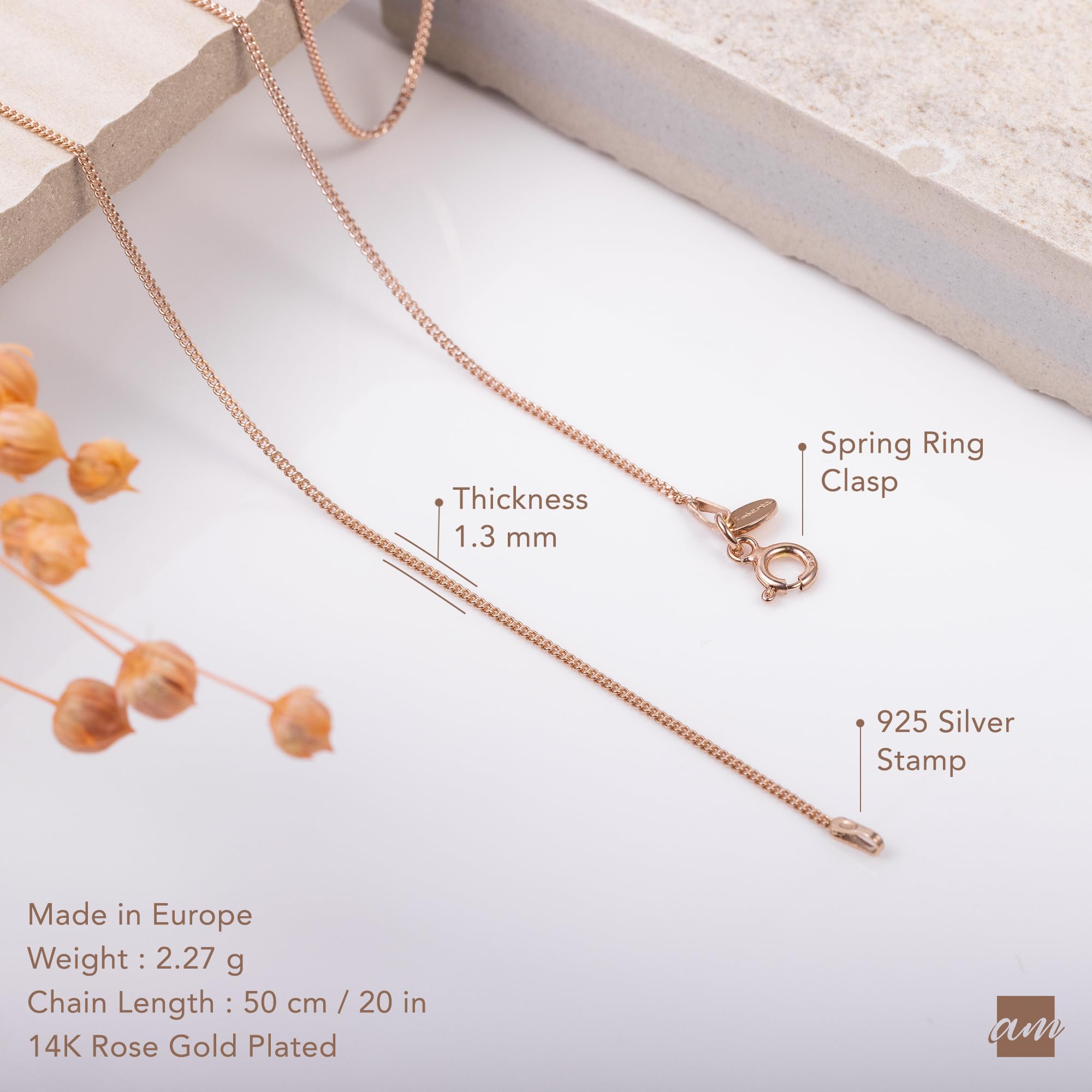Amberta 14K Rose Gold Plated on 925 Sterling Silver 1.3 mm Curb Chain Necklace Length 20" inch / 50 cm (20)