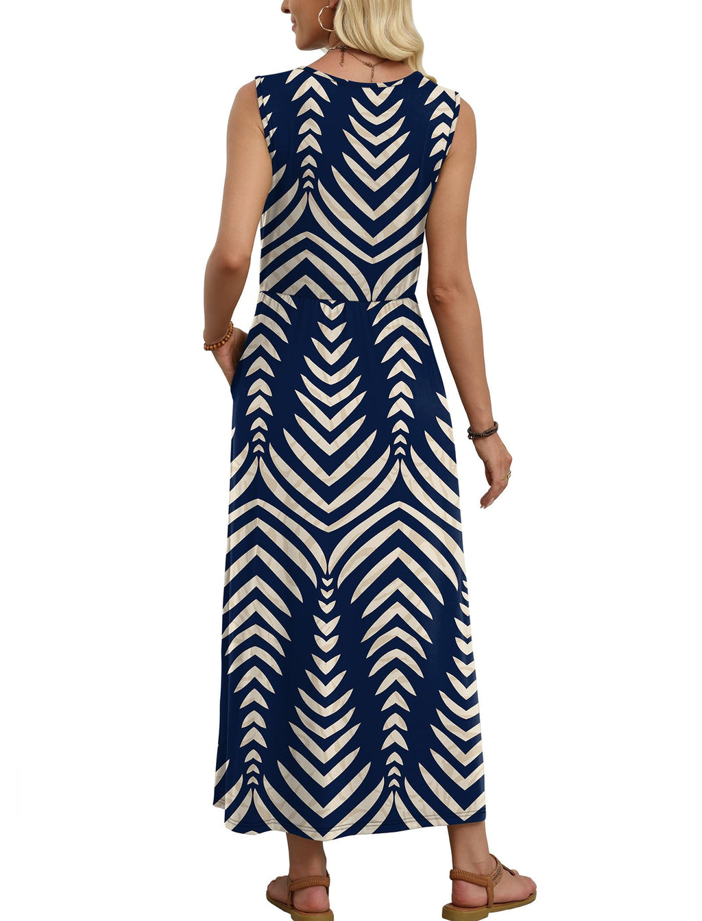 Casual Dresses for Women Long Maxi Sun Dresses Sleeveless Boho Summer Wedding Guest Dresses Beach Vacation Clothes Spring Fashion Clothing Navy Striped XL