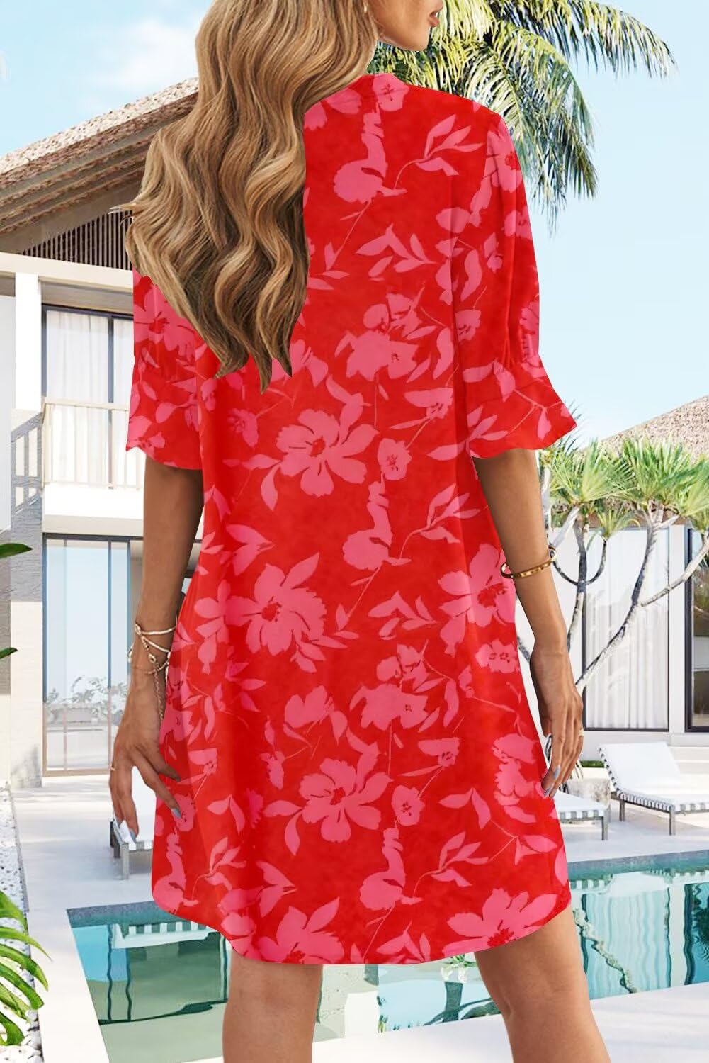 QACOHU Women's Ruffle Dresses Short Sleeve V-Neck Straight Casual Boho Elegant Simple Tunic Dress Red Flower L