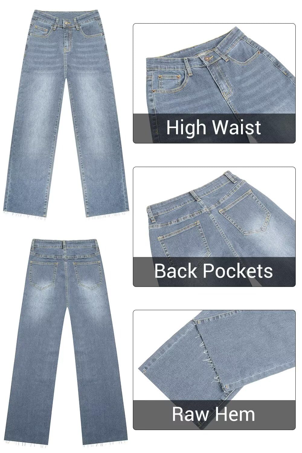 KDF Straight Leg Jeans for Women High Waisted Jeans Frayed Baggy Pants Raw Hem Loose Stretchy Cropped Wide Leg Jeans Light Blue Size 6
