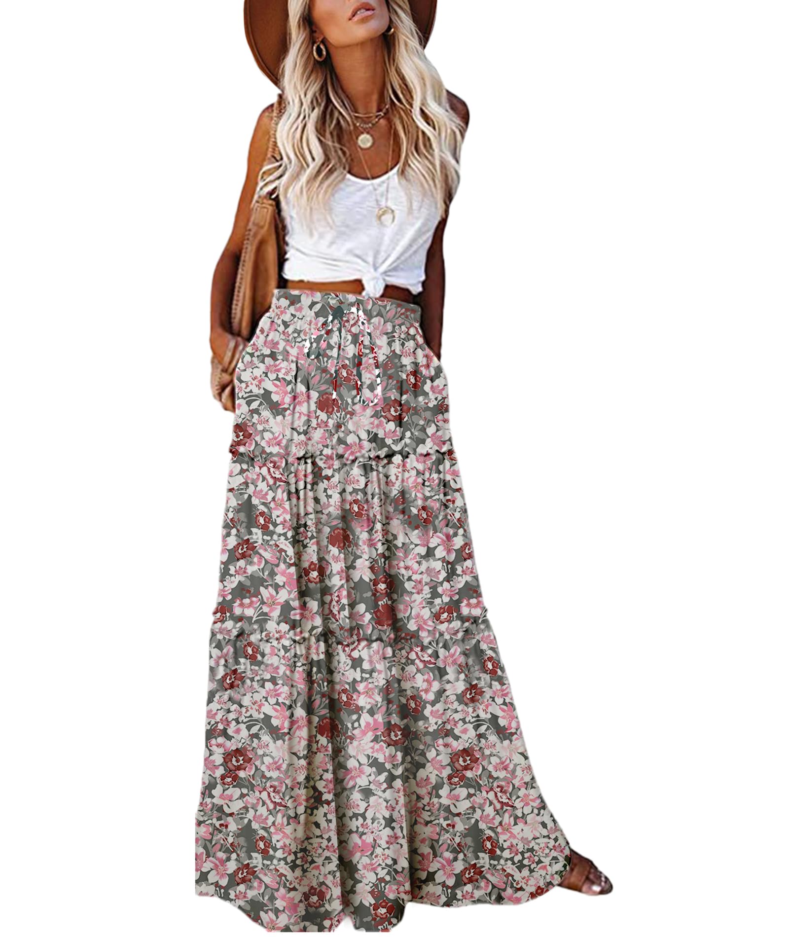 EARKOHA Trendy Lightweight Drawstring Tiered Ruffles Paisley Hippie Plus Size Bohemian Long Maxi Skirt with Deep Pockets for Office Music Festival Travel Picnic Dating Fall Outfits White Floral M