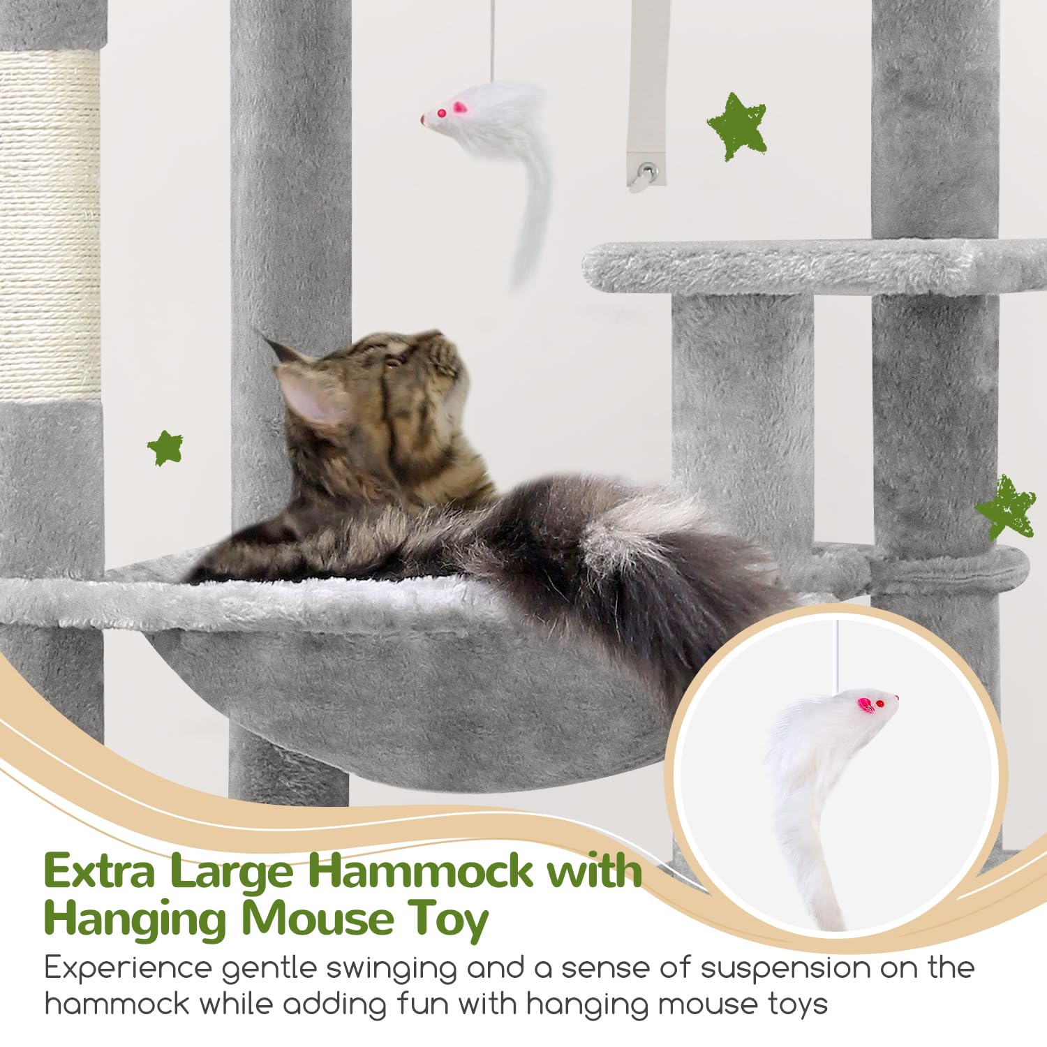 Globlazer Heavy Duty Cat Tree, 70 inch Sturdy Cat Tree for Indoor Cats Extra Large Cat Tower with Scratching Post, Hammock, Cat Condo for Adult Cats Kittens, F70 Pro, Light Grey