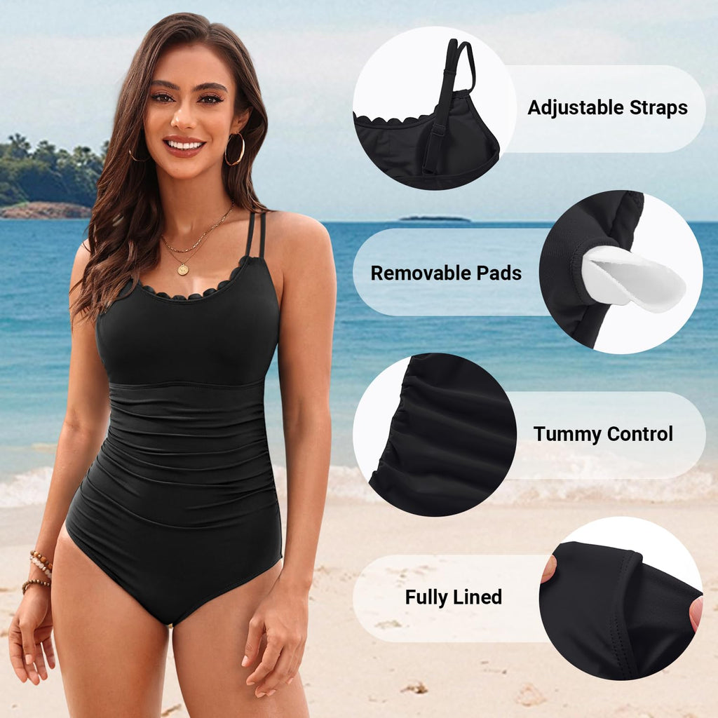Daci Black Womens One Piece Swimsuit Tummy Control - Slimming Bathing Suit Scalloped Neck Swimwear 2026 M