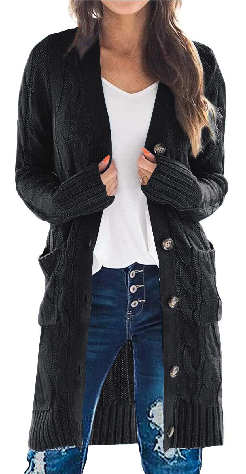 PRETTYGARDEN Long Sleeve Cable Knit Long Cardigan for Women 2026 Spring Winter Chunky Open Front Button Sweaters with Pockets (Black, Small)