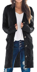 PRETTYGARDEN Long Sleeve Cable Knit Long Cardigan for Women 2026 Spring Winter Chunky Open Front Button Sweaters with Pockets (Black, Small)
