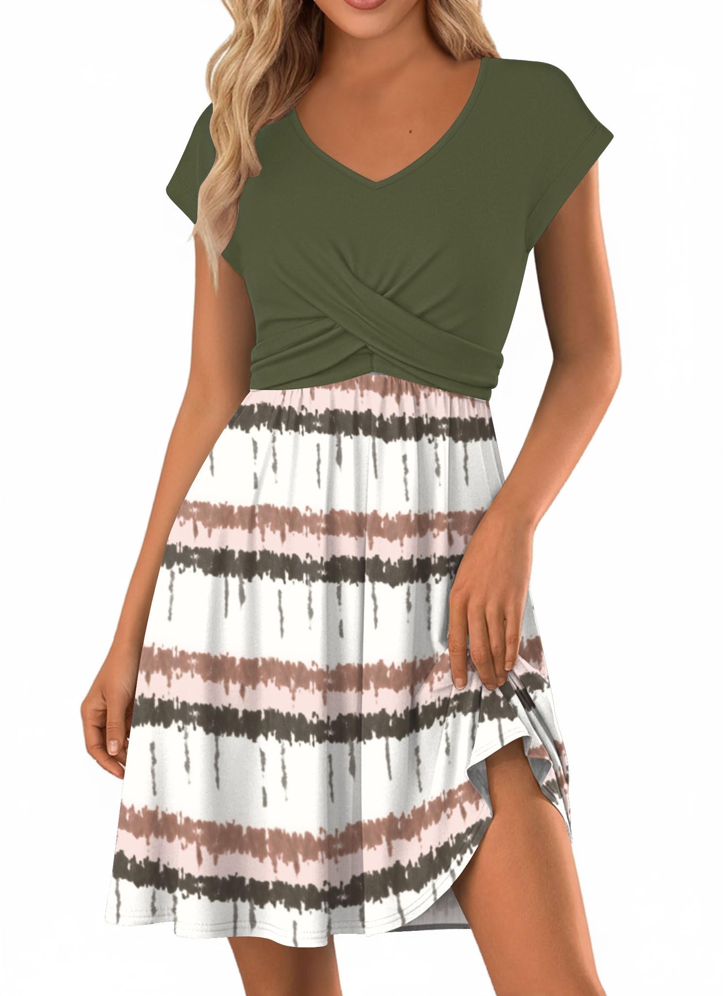 SAUKOLE Beach Dresses for Women Twist Front V Neck Short Sleeve High Waisted Dress Flowy A Line Dress 2026