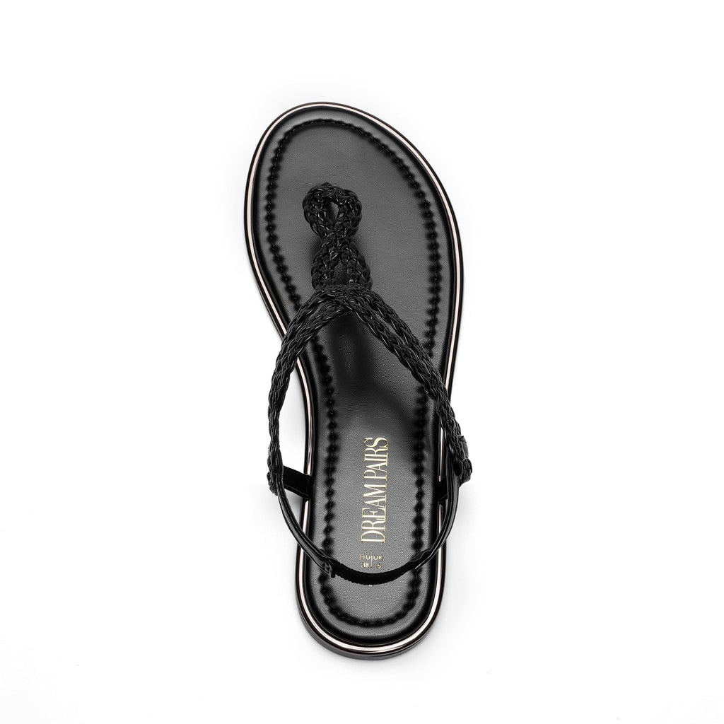 DREAM PAIRS Women's Flat Sandals Dressy Summer Stappy Comfortable Ankle Elastic T-Strap Beach Thong Sandals,Size 8,All Black,SDFS2406W