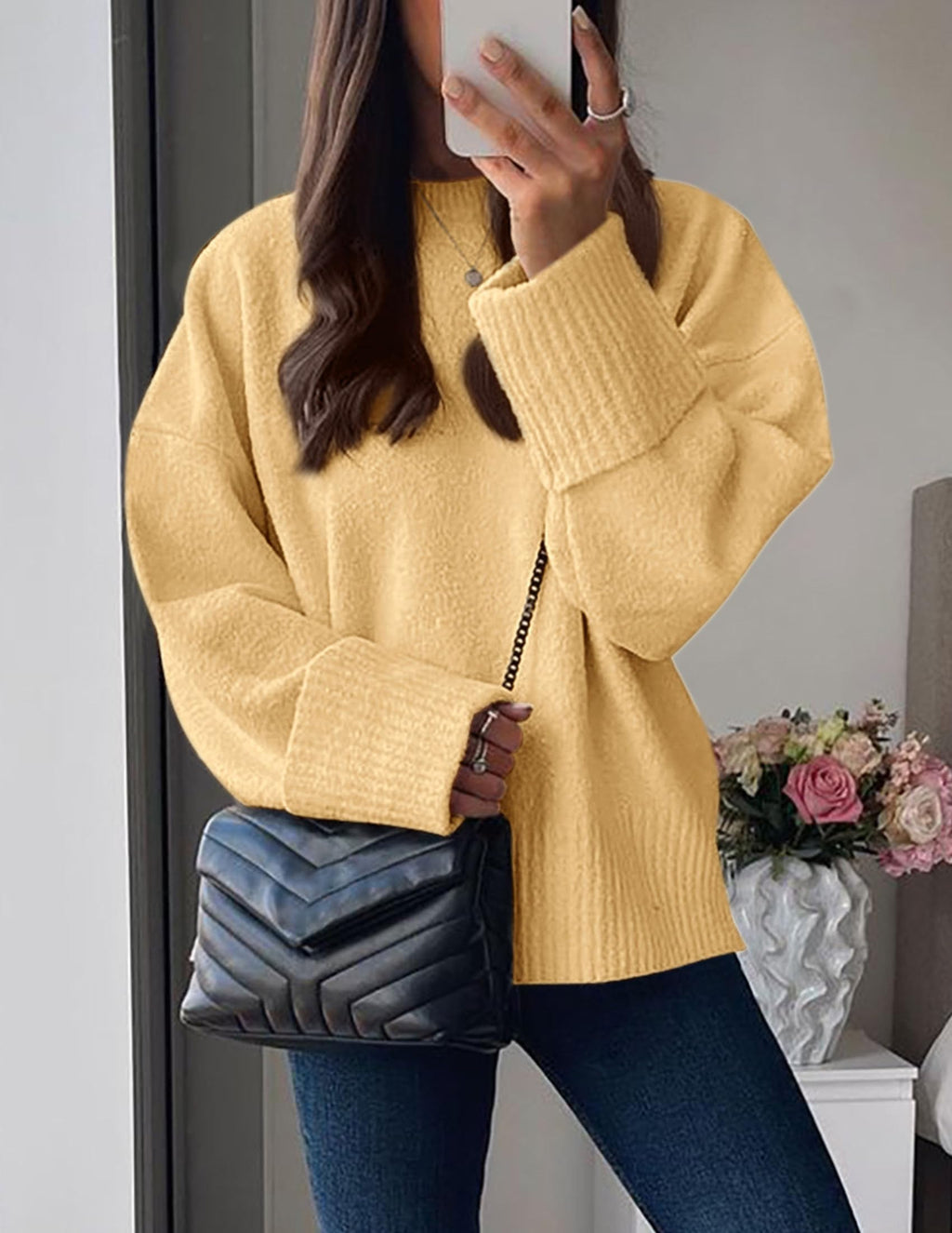 PRETTYGARDEN Women's Fall Oversized Sweaters Casual Crewneck Pullover Long Sleeve Fuzzy Chunky Knit Tops Blouse (Yellow,Small)