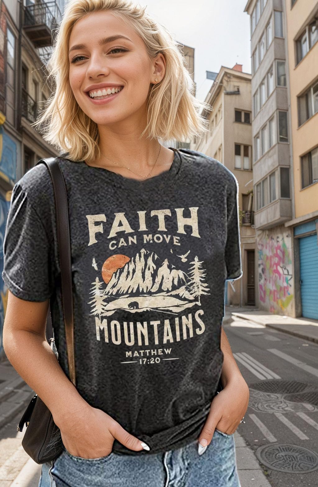 Faith Can Move Mountains Shirt Women Letter Printed Summer Vacation Tee Mountain Adventure Hiking Camping Shirt (Small, Grey)