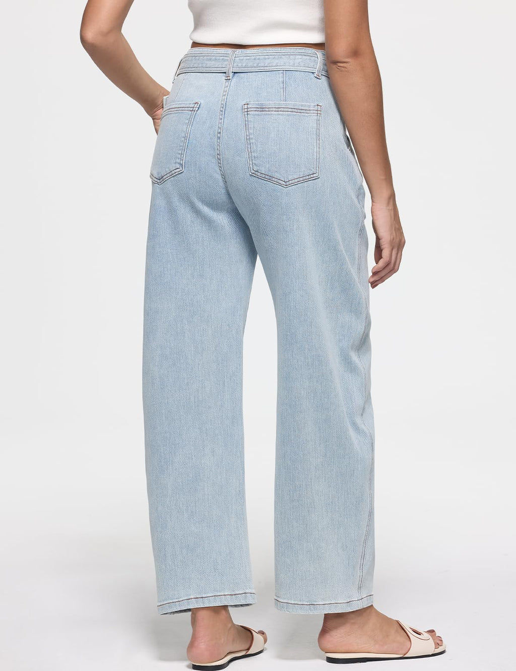 ZPIUO Barrel Jeans for Women - High Waisted Baggy Wide Leg Stretchy Denim Pants with Detachable Belt - Ice Blue Size 14