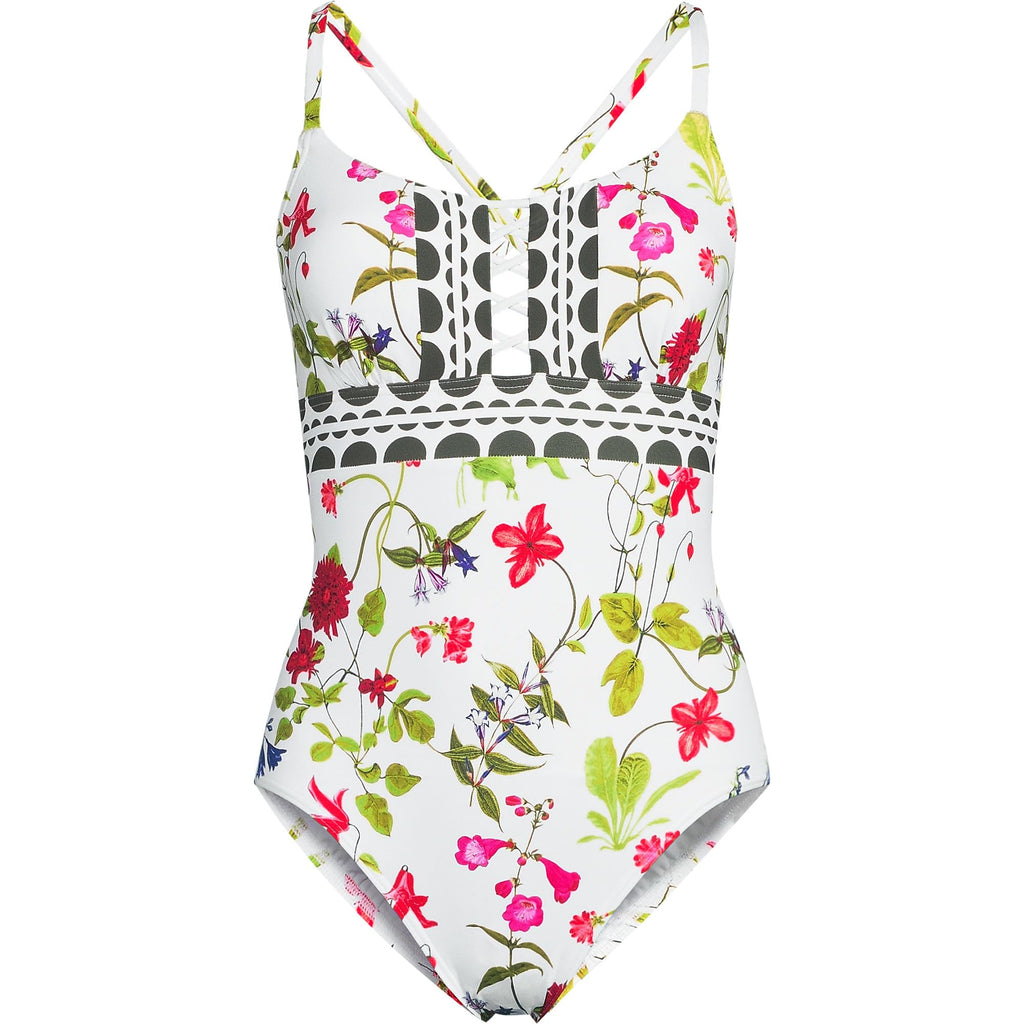 Lands' End Women's Lace Up One Piece Swimsuit 2 White Multi Garden Floral
