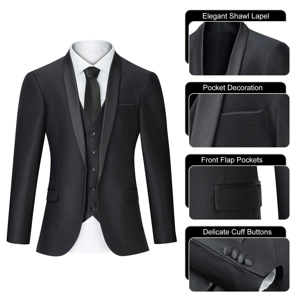 Men's Suit 3 Piece Slim Fit Suits for Men, One Button Solid Shawl Lapel Blazer Jacket Vest Pants Set for Party Wedding Black