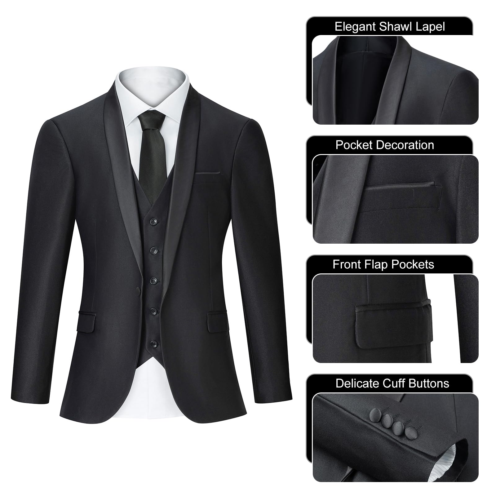 Men's Suit 3 Piece Slim Fit Suits for Men, One Button Solid Shawl Lapel Blazer Jacket Vest Pants Set for Party Wedding Black