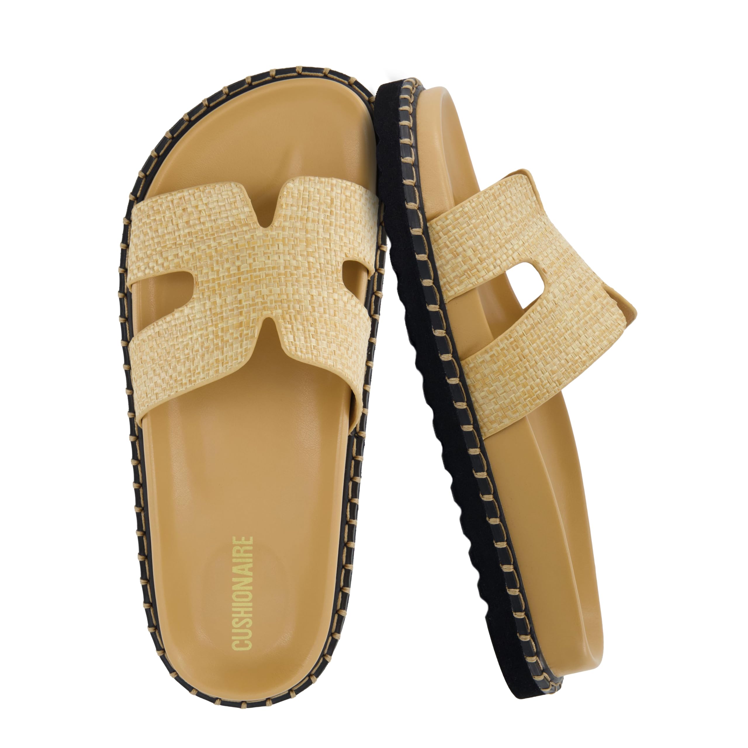 CUSHIONAIRE Crisp Women’s Slide Sandal – Faux Leather Cutout Slip-On with Artisan Stitching & Memory Foam, Wide Widths Available, NATURAL 10