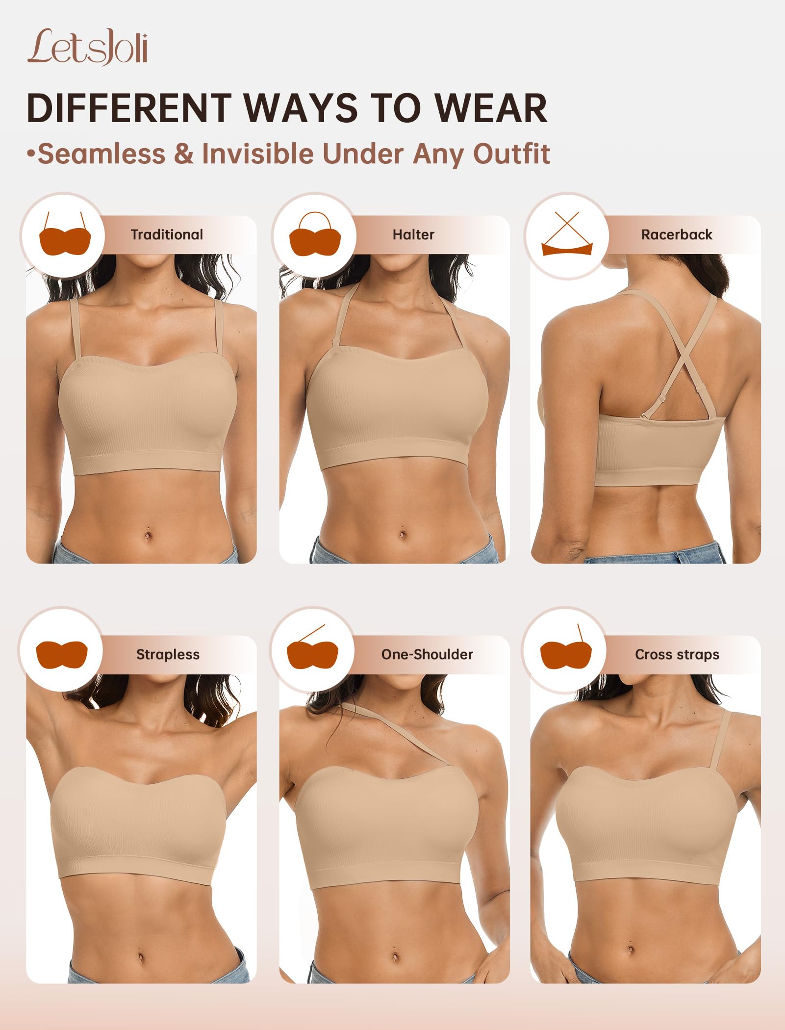 LetsJoli Push Up Strapless Bras for Women Supportive Bandeau Bra Non Slip Wireless No Underwire Padded Tube Bra(Nude,M)