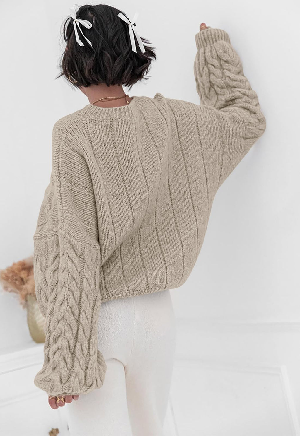 PRETTYGARDEN Womens Sweaters Fall 2026 Cable Knit Long Sleeve Crewneck Oversized Sweater Chunky Pullover Loose Outfits (Khaki, X-Large)
