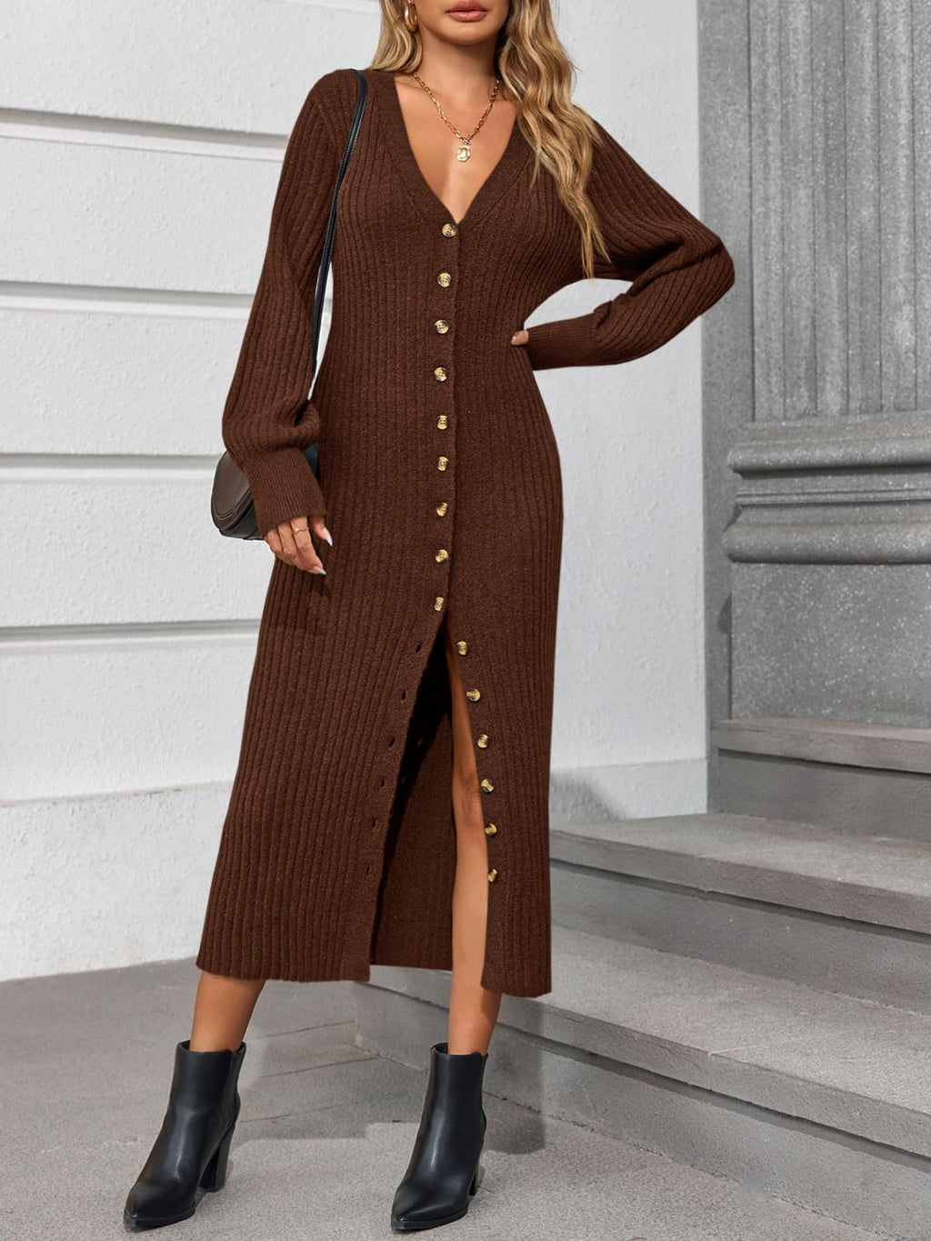 Saodimallsu Womens Long Cardigans V Neck Button Down Chunky Knit Dusters Sweater Coat Fall Trendy Maxi Sweater Dress Brown