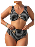 WDIRARA Women's Striped 2 Piece Swimsuit Metal Starfish V Neck Bikini Set High Waisted Bathing Suit Black and White X-Large Plus