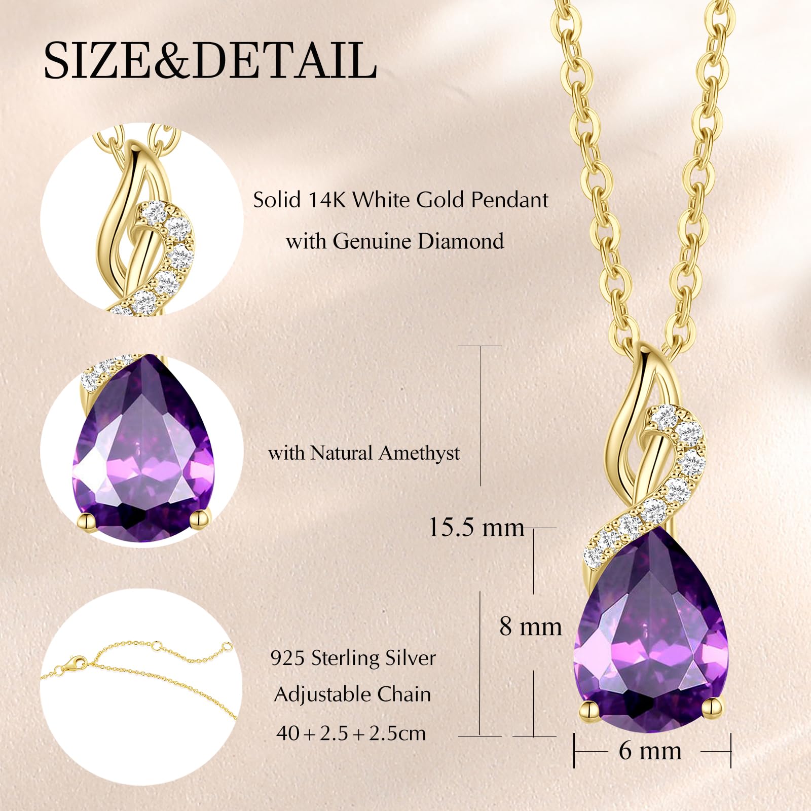 FANCIME Amethyst Necklace 14K Solid Yellow Gold Teardrop Pendant with Diamond February Birthstone Necklace Gifts Jewelry for Mom Women