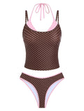 ZAFUL Women Double Layer Tankini Set Halter Color Block Swimsuit Tummy Control Two Piece Bathing Suit 1-Brown Polka Dots S