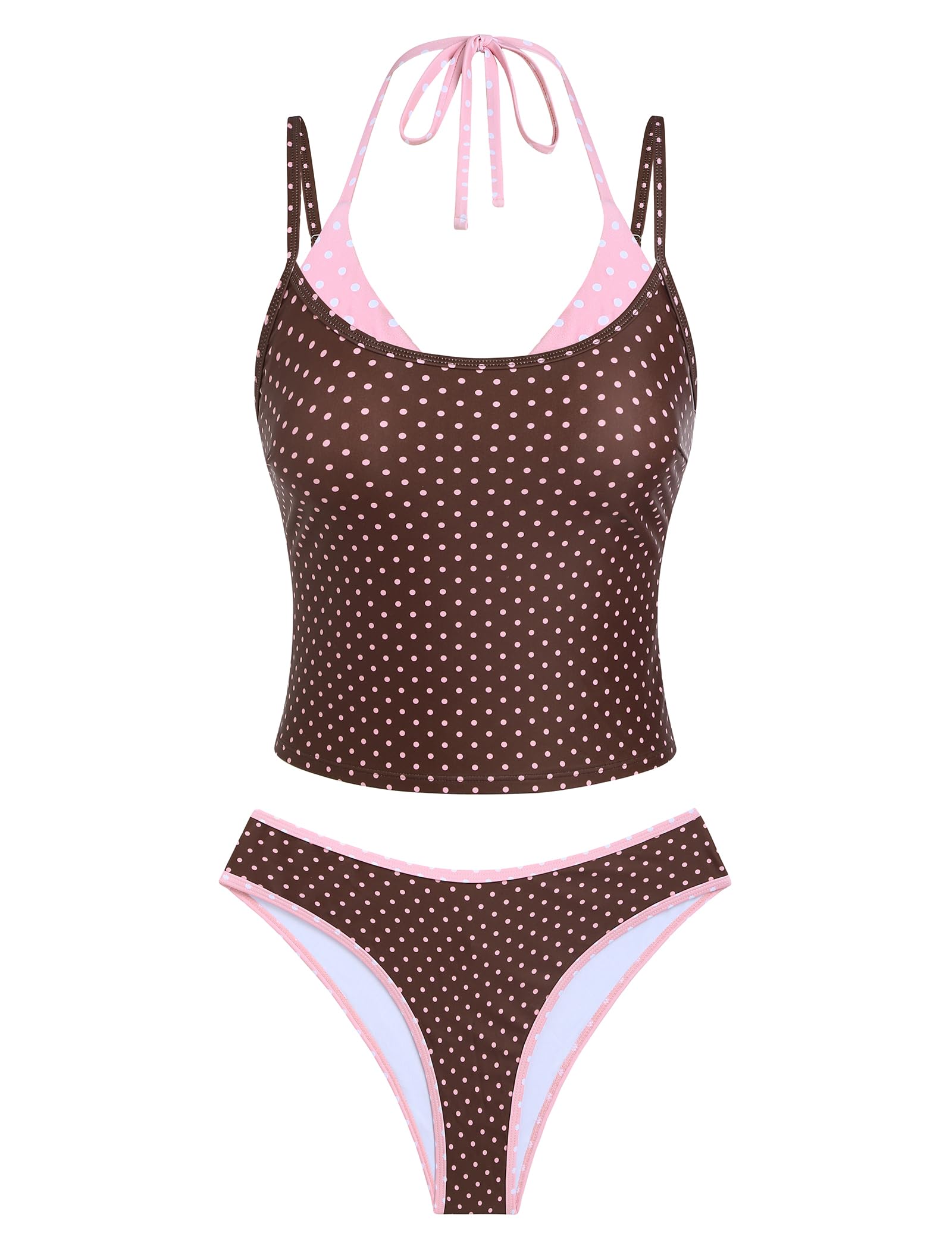 ZAFUL Women Double Layer Tankini Set Halter Color Block Swimsuit Tummy Control Two Piece Bathing Suit 1-Brown Polka Dots S