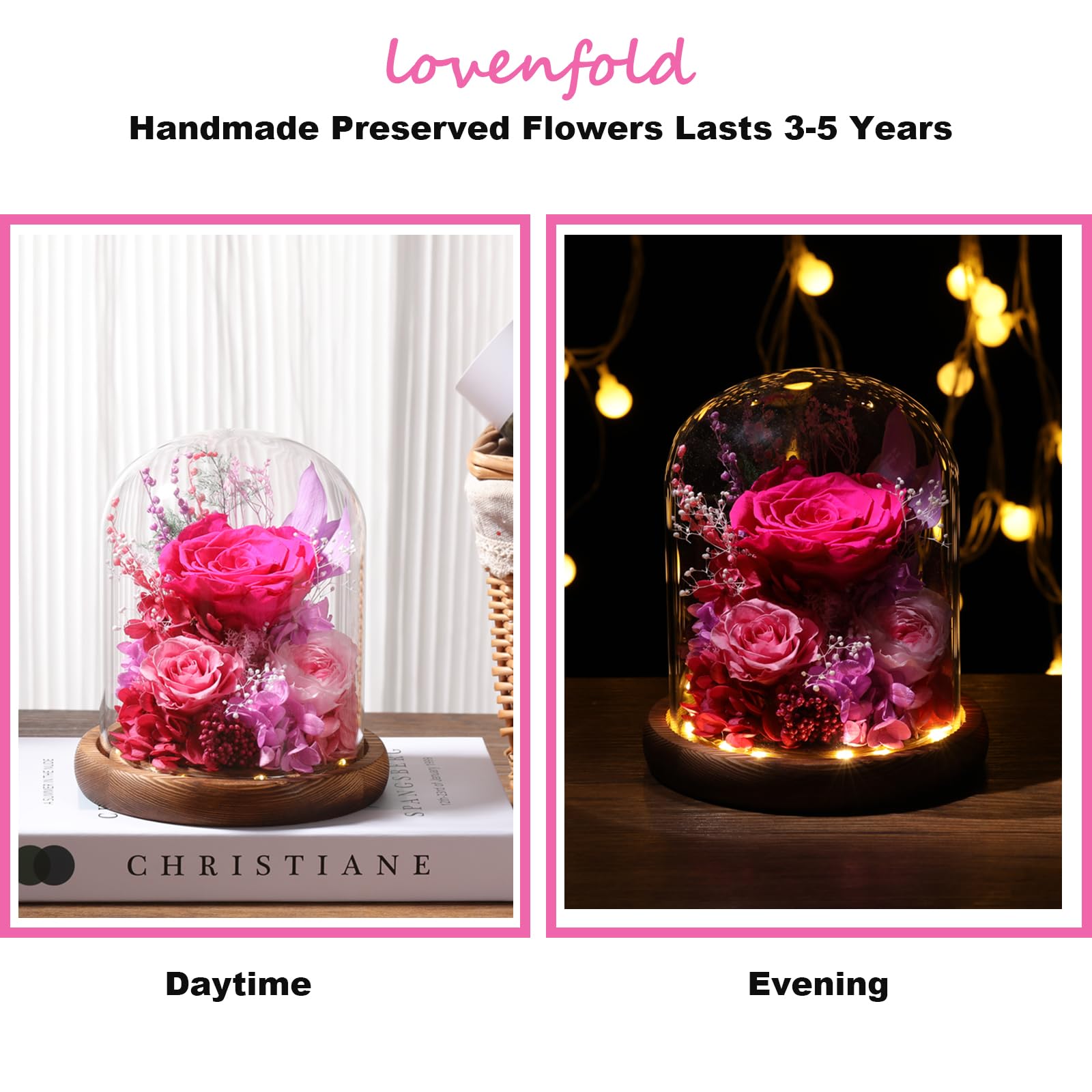 LOVENFOLD Flowers for Delivery Preserved Flowers with LED Light in a Glass Dome,Long Lasting Forever Roses Birthday Gifts for Women Daughter Mom Wife Friend（Reddish Rose）