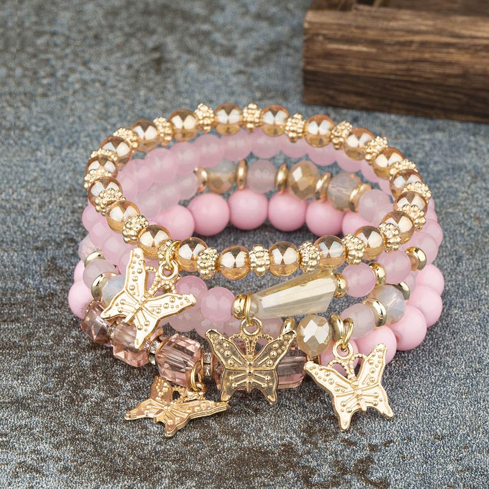 Azusa Sun 4 Pcs Cute Butterfly Charm Pink Bracelets Set Gold Beaded Stackable Stretch Bracelets Bohemian Summer Jewelry Gifts for Women