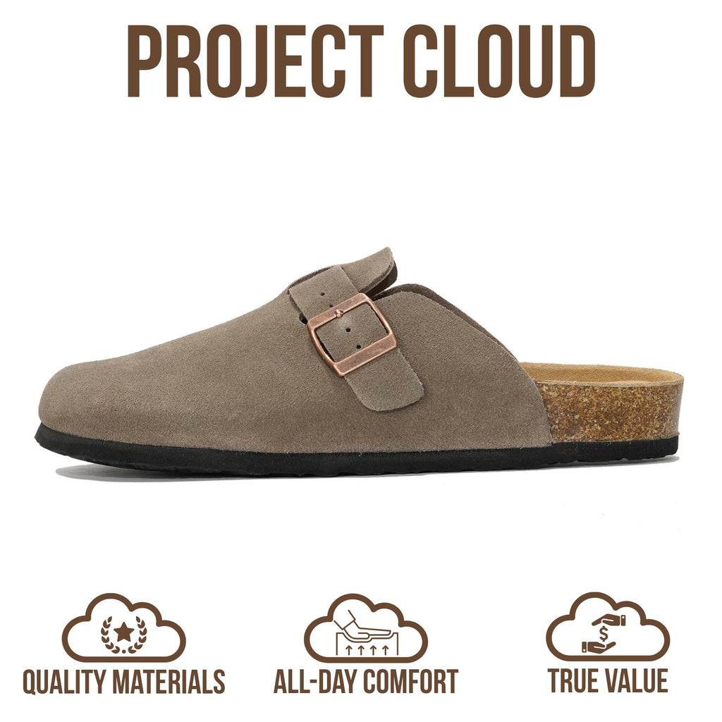 Project Cloud Mens Clogs - 100% Full Grain Genuine Leather Clogs for Men with Memory Foam Insole and Arch Support Natural Cork Footbed - Non Slip Mules Mens Slippers (Brooklyn, TAUPSUEDE, 11)