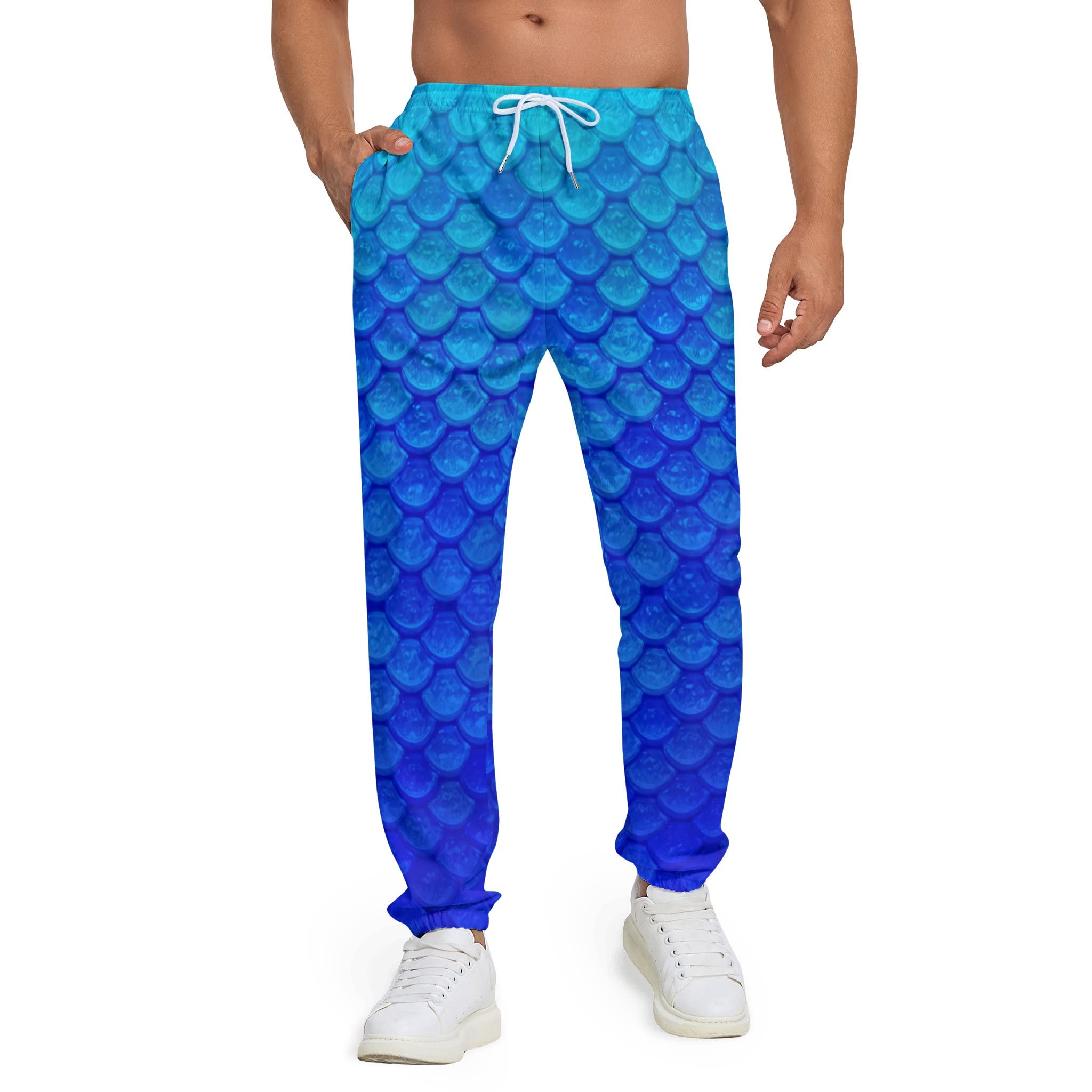 Men Fish Scales Pants Sweatpants Sea Joggers King Costumes Pant Sports Halloween Costume Outfits Performance Gifts Blue