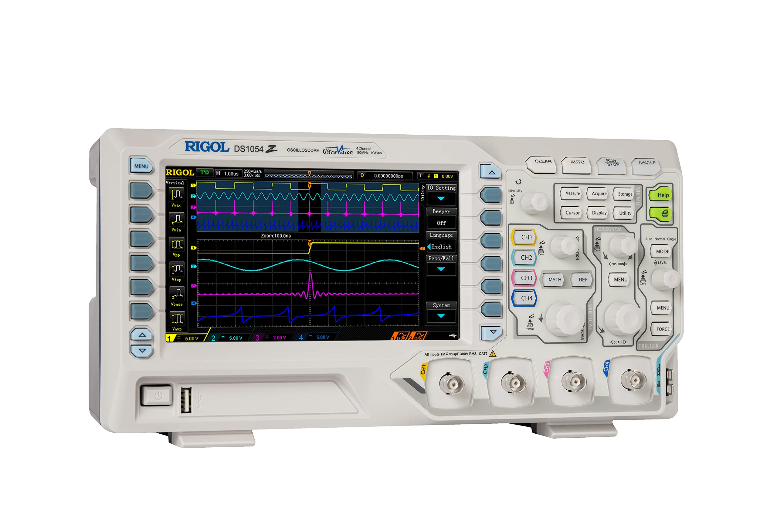 Rigol Digital Oscilloscope DS1054Z 50 MHz 4-Ch 1 GSa/s 24 Mpts 30,000 wfms/s UltraVision 7" 800x480 Intensity Display, 60,000-Frame Record/Playback, Serial Decode UART I2C SPI for Debug & Education