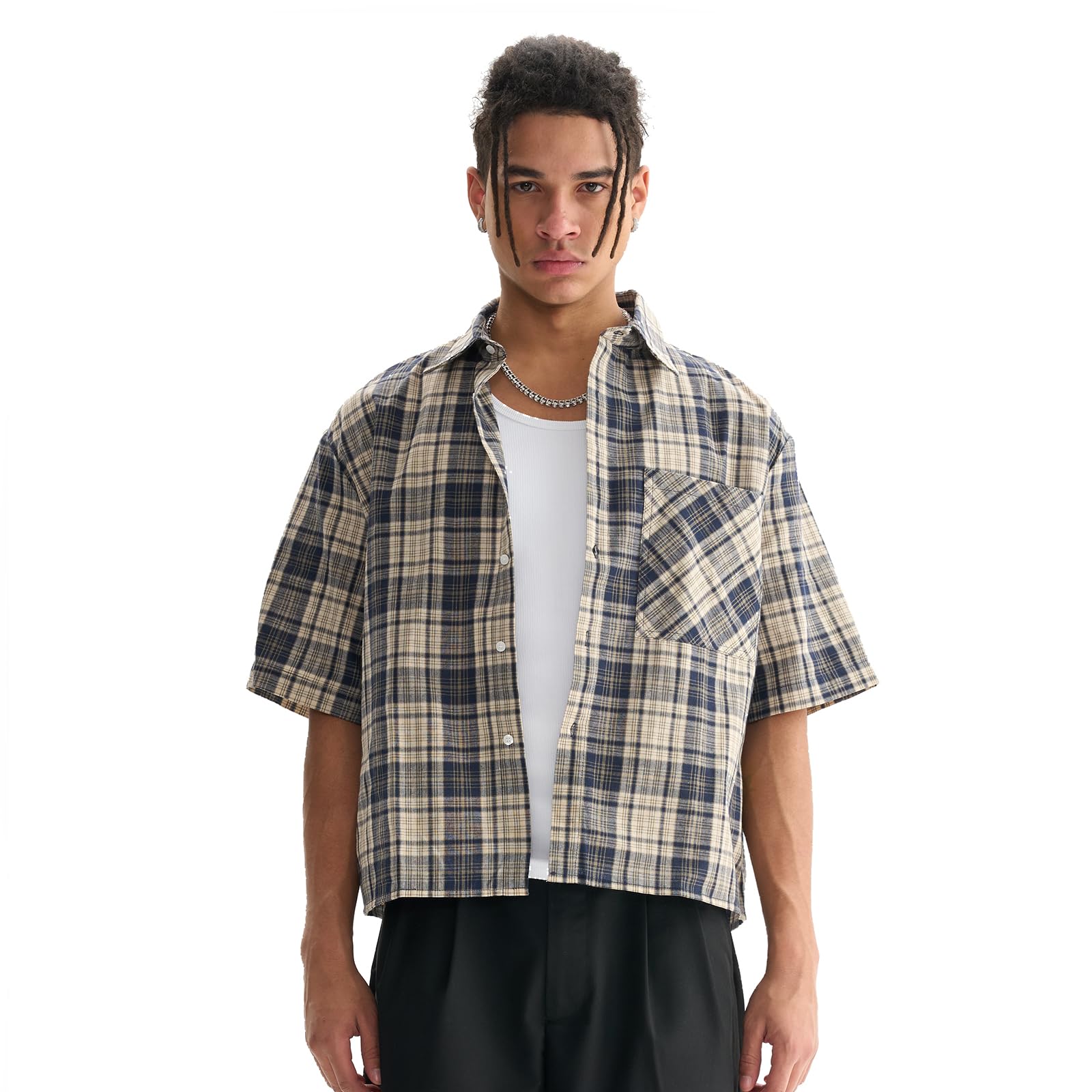 Comfy Quality Boxy Fit Cropped Check Men's T-Shirts Streetwear Short Sleeve Button Down Tops Shirts for Man (US, Alpha, Large, Regular, Regular, Blue)