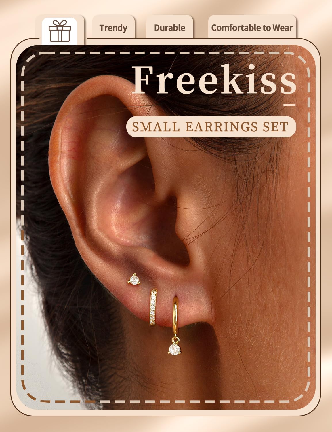 Freekiss Gold Stud Earrings for Women, Dainty Earring Set Simple Tiny 14K Gold Filled CZ Hypoallergenic Huggie Dangle Hoop Earrings Fashion Jewelry for Women Trendy Gifts