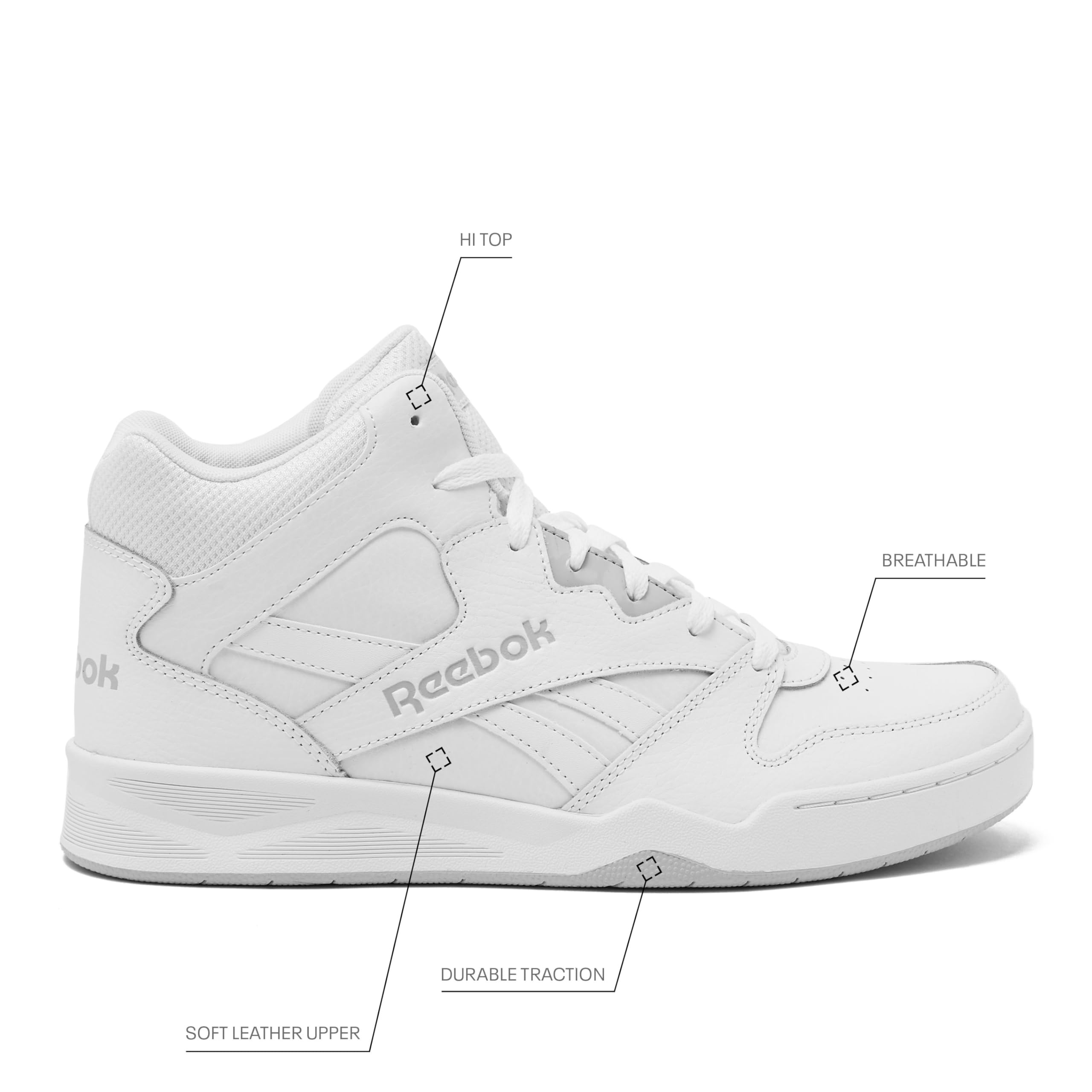 Reebok Royal BB4500 Hi2 High Top Sneakers for Men, Black or White Mens Basketball Shoes, Medium or Wide Width Size 7 to 14 Athletic Mens Shoes, White/Light Solid Grey, 10 Medium
