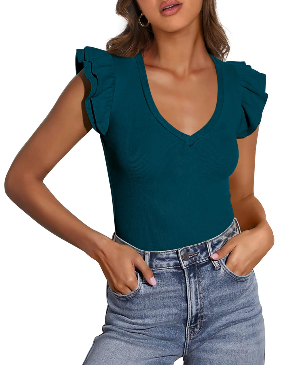 PRETTYGARDEN Womens V Neck Summer Tops Ruffle Sleeveless Slim Fit T Shirts Going Out Casual Blouses 2026 (Dark Blue,Large)