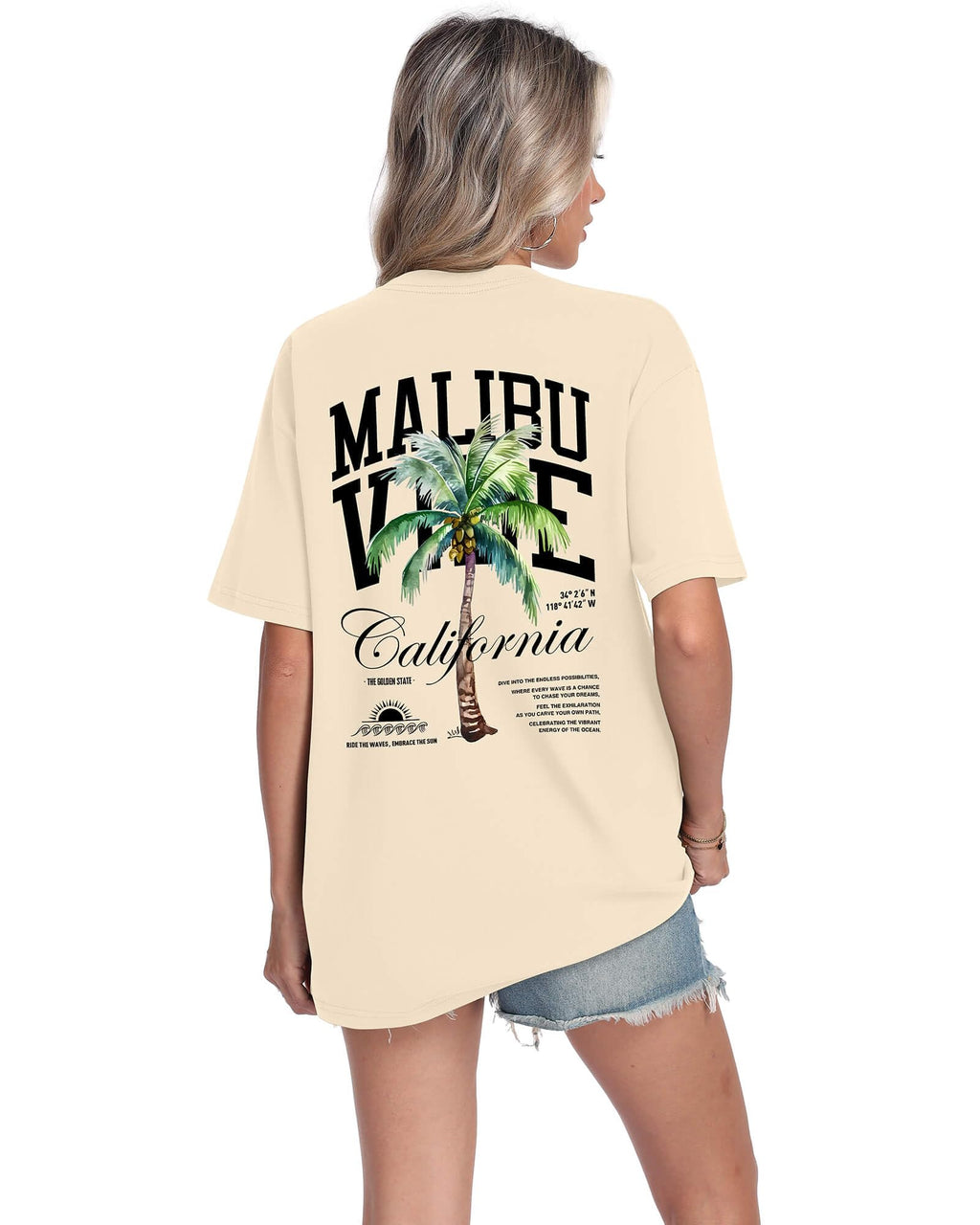 Mens Graphic T-Shirts Short Sleeve Malibu Vibe Palm Tree Print Top 100% Cotton Casual California Tees for Men Apricot