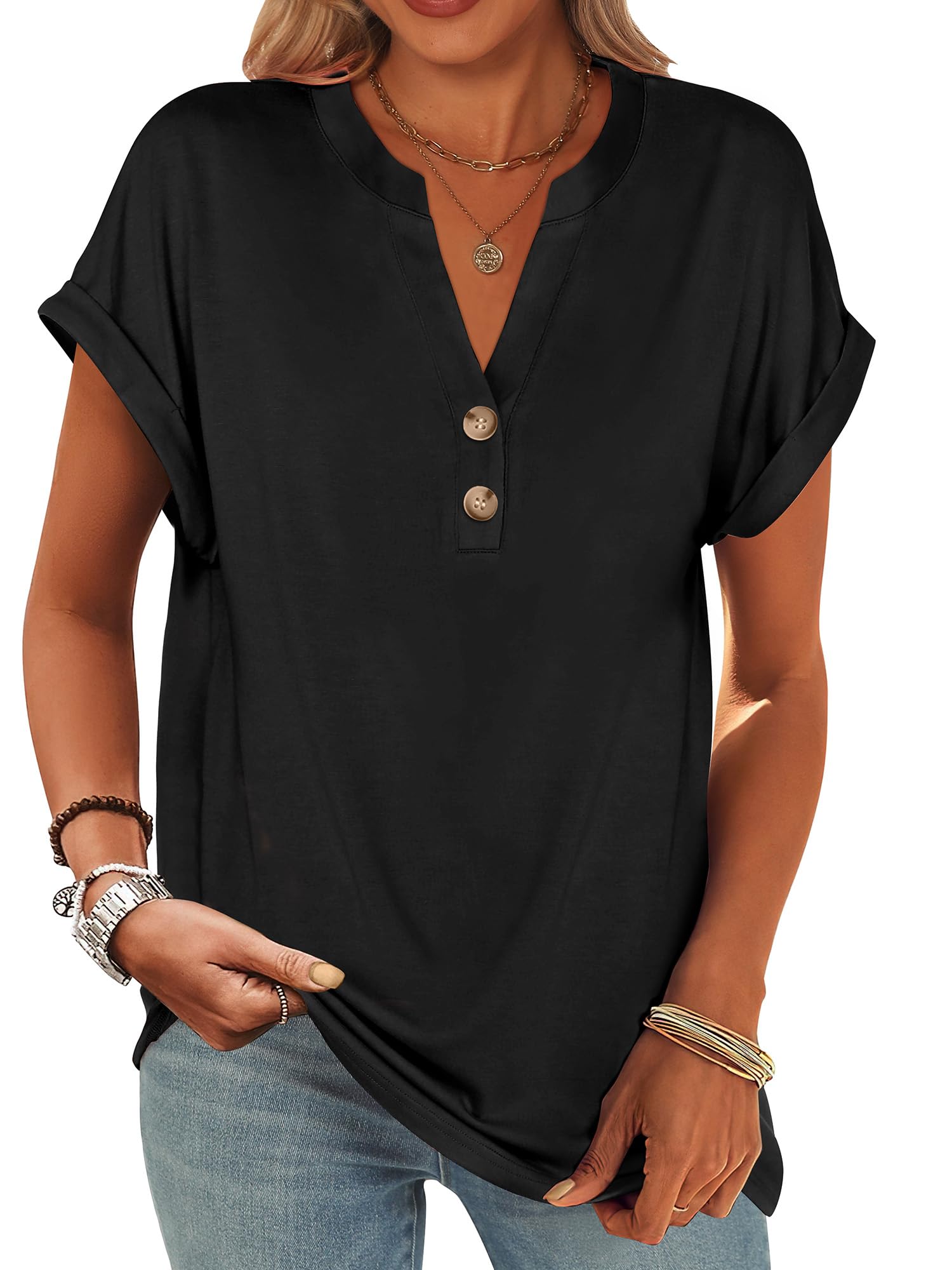 ANRABESS Womens Short Sleeve Henley Tops V Neck Dressy Casual Blouses Summer Trendy Tee Shirts 2026 Vacation Fashion Clothes Black XL