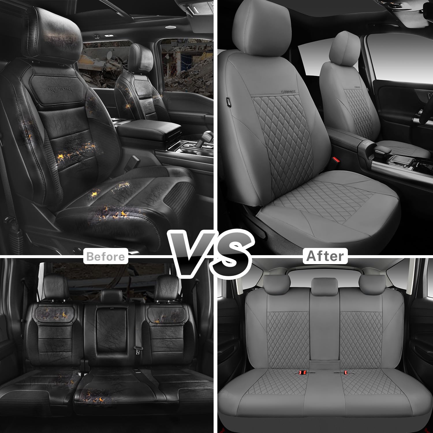 CAR PASS Quilting Faux Leather Seat Covers Full Set, Waterproof Deluxe PU Premium Auto Seat Cover, Breathable Seat Covers Universal Fit for Most Sedan SUV Van Small Truck, Airbag Compatible All Gray